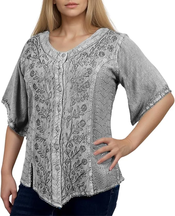 125 B Scooped Neck Medieval  Embroidered Blouse Top