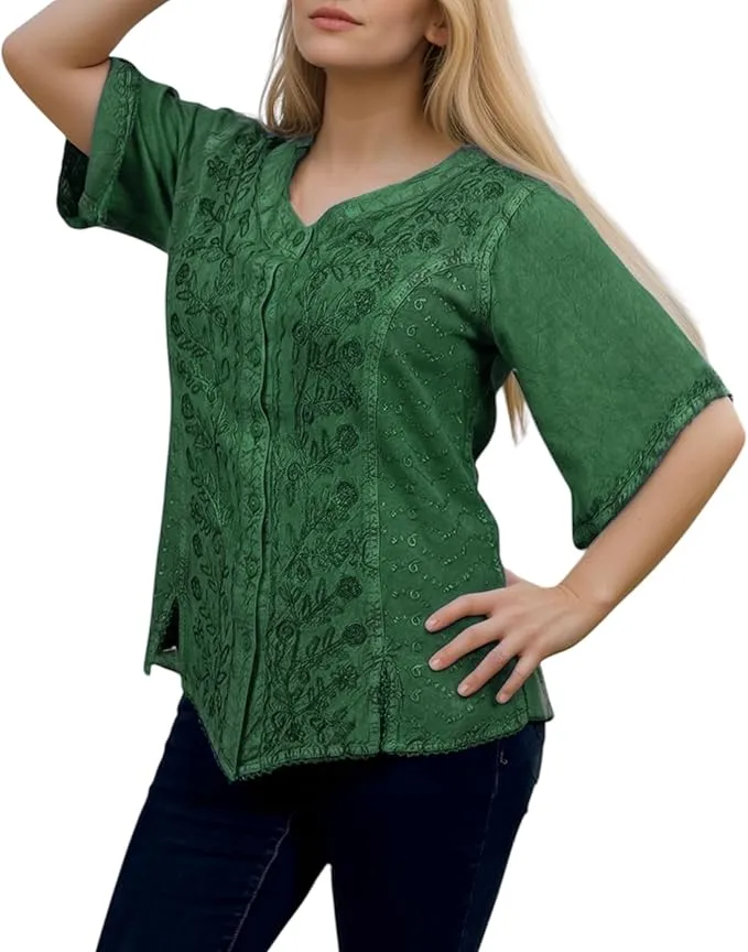 125 B Scooped Neck Medieval  Embroidered Blouse Top