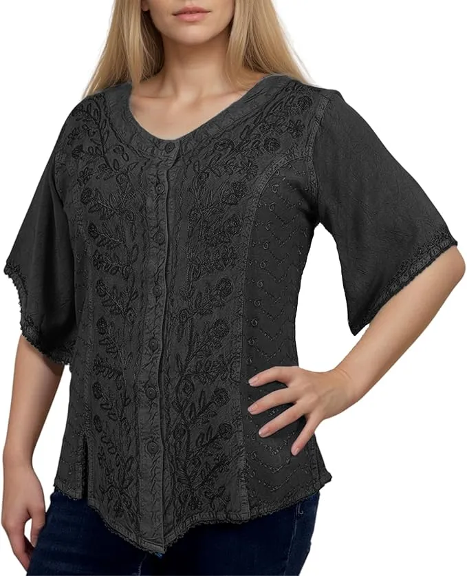 125 B Scooped Neck Medieval  Embroidered Blouse Top