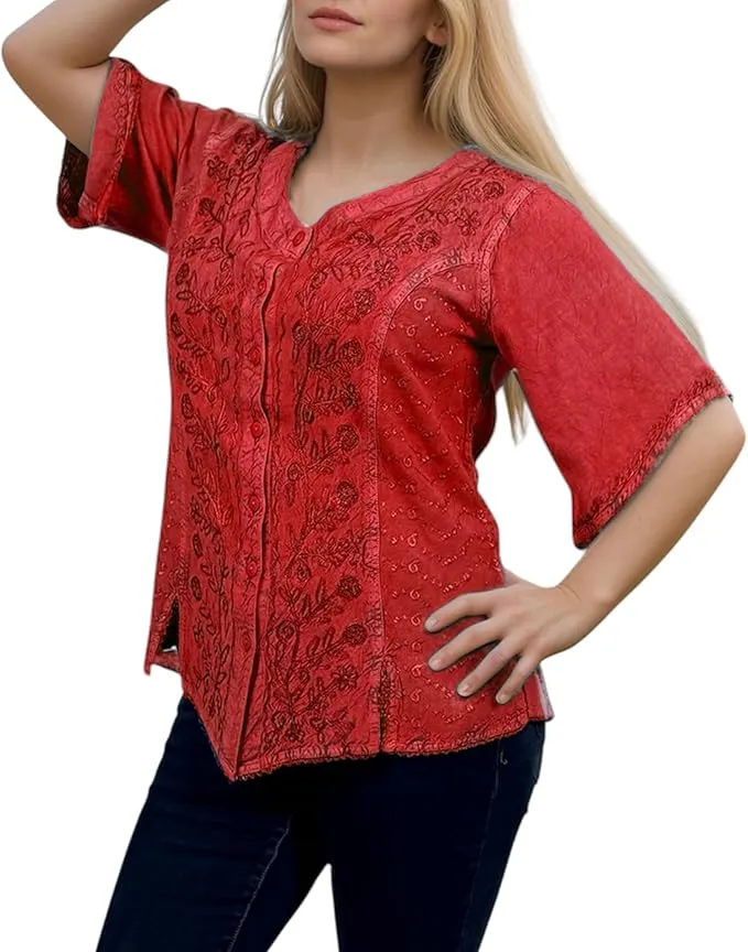 125 B Scooped Neck Medieval  Embroidered Blouse Top