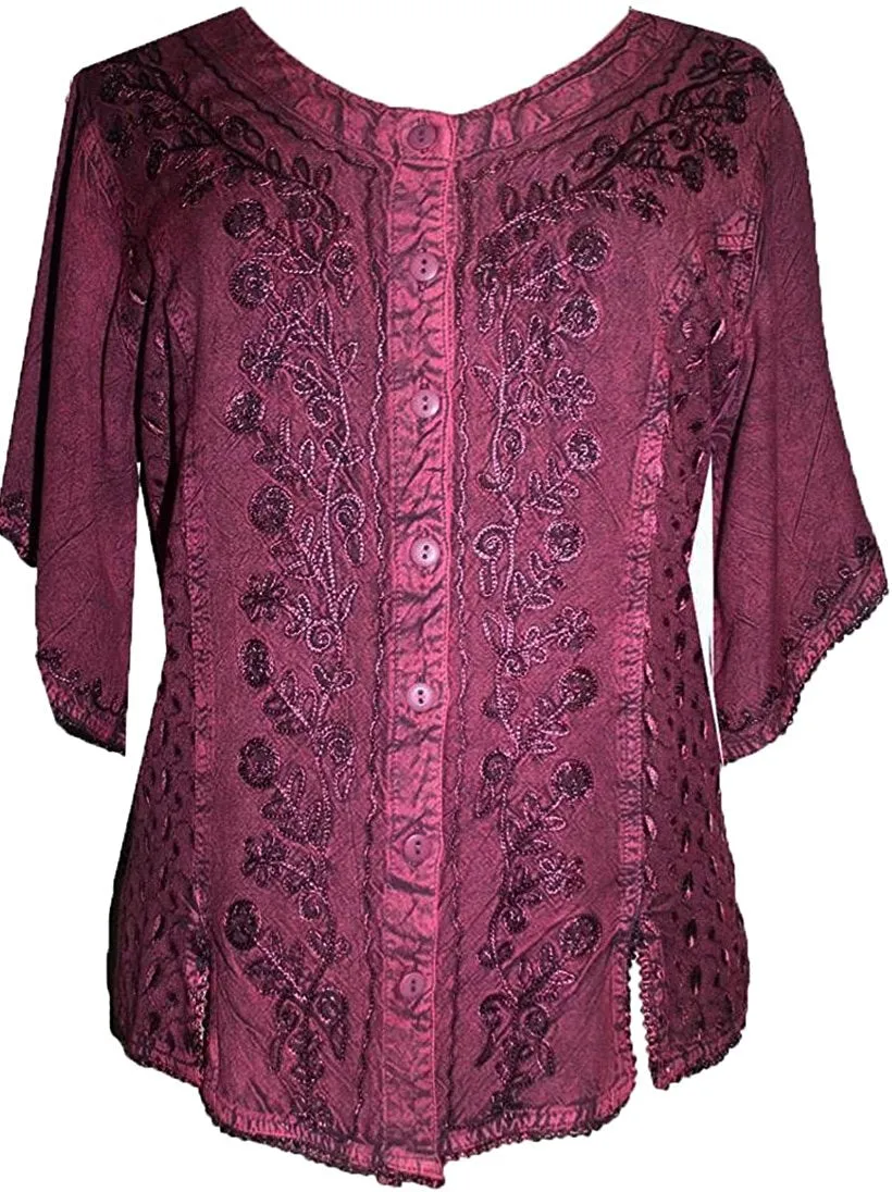 125 B Scooped Neck Medieval  Embroidered Blouse Top