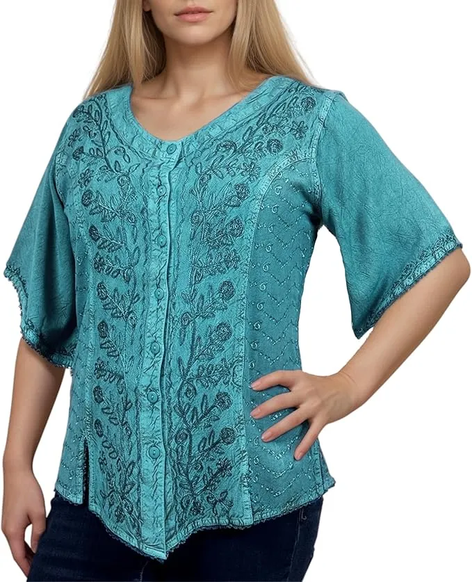 125 B Scooped Neck Medieval  Embroidered Blouse Top