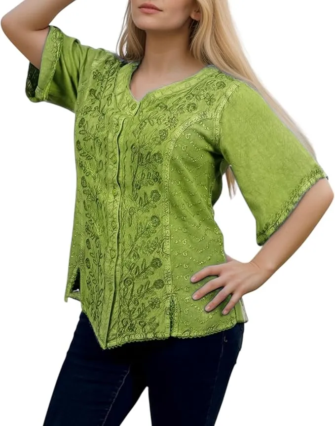 125 B Scooped Neck Medieval  Embroidered Blouse Top