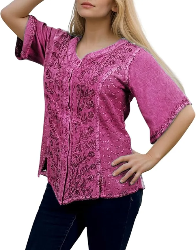 125 B Scooped Neck Medieval  Embroidered Blouse Top