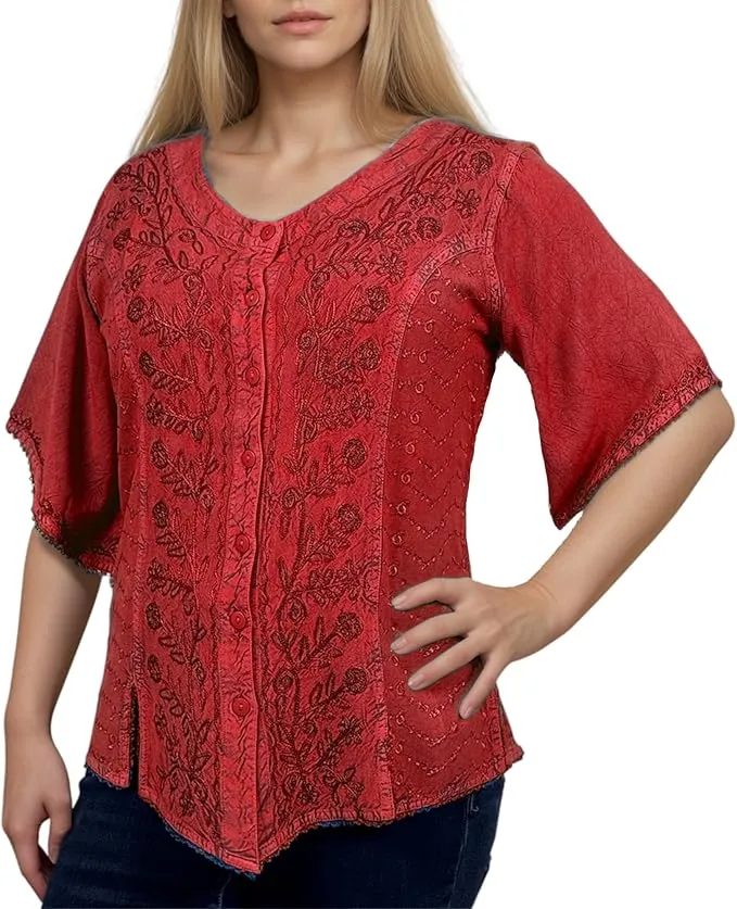 125 B Scooped Neck Medieval  Embroidered Blouse Top