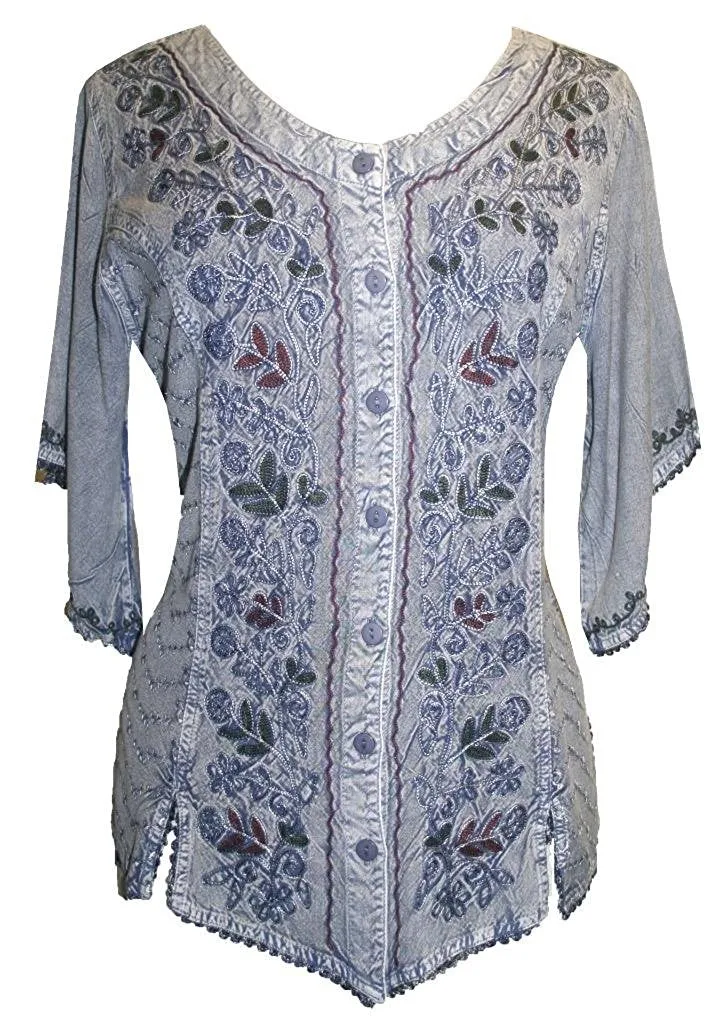 125 B Scooped Neck Medieval  Embroidered Blouse Top