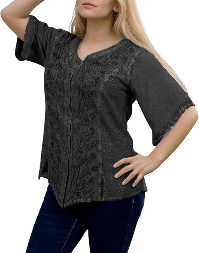 125 B Scooped Neck Medieval  Embroidered Blouse Top