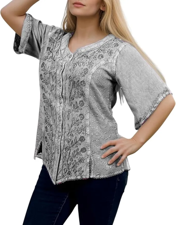 125 B Scooped Neck Medieval  Embroidered Blouse Top