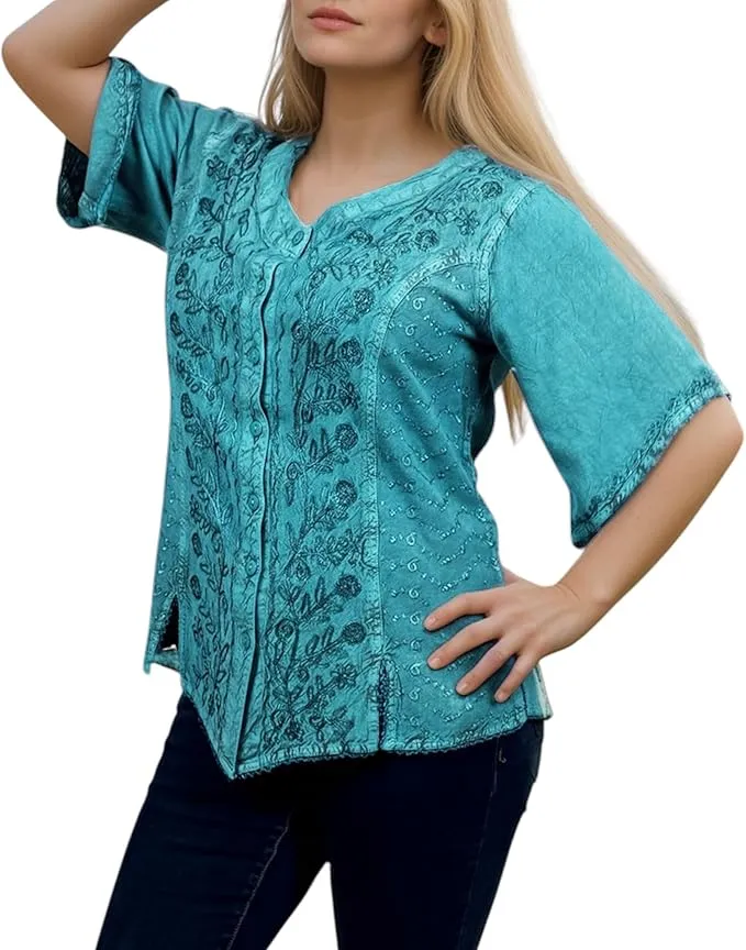 125 B Scooped Neck Medieval  Embroidered Blouse Top
