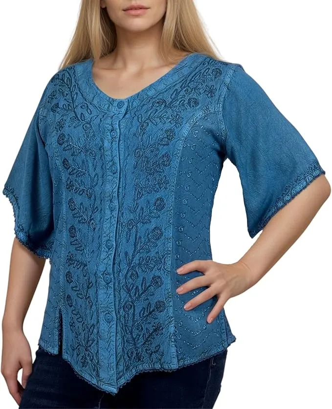 125 B Scooped Neck Medieval  Embroidered Blouse Top