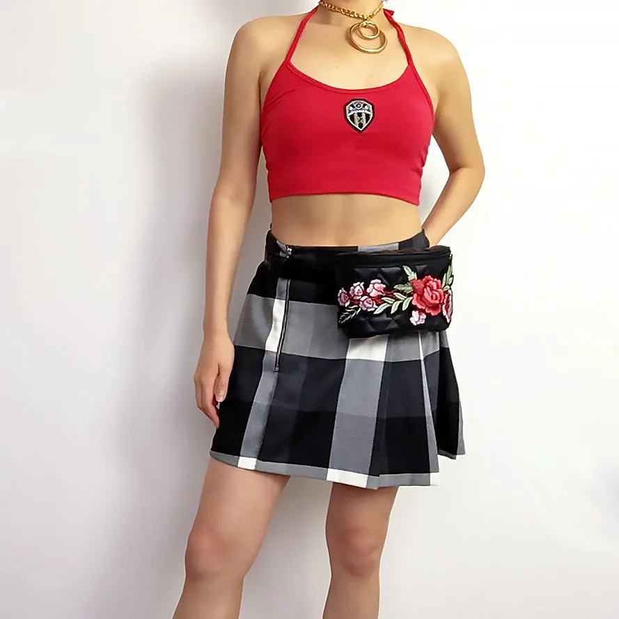 90S Y2K CHECK HIGH WAIST WAISTED SIDE DOUBLE PLEATS PLEATED SKIRT