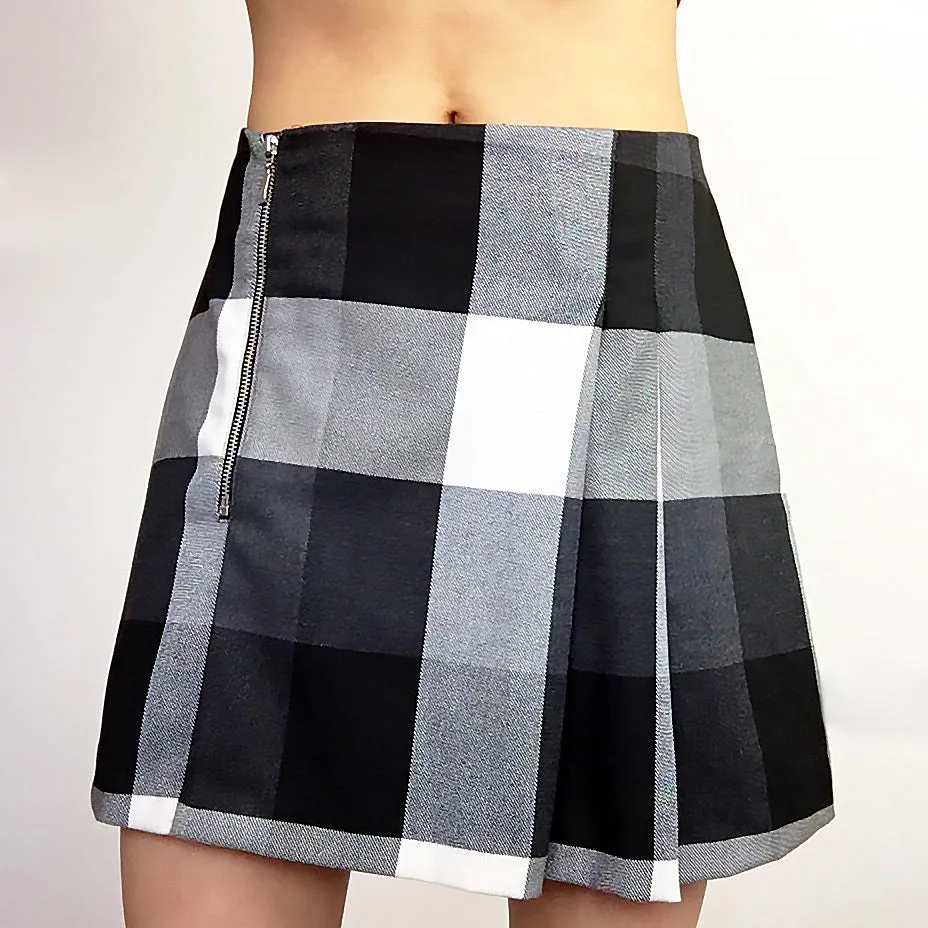 90S Y2K CHECK HIGH WAIST WAISTED SIDE DOUBLE PLEATS PLEATED SKIRT