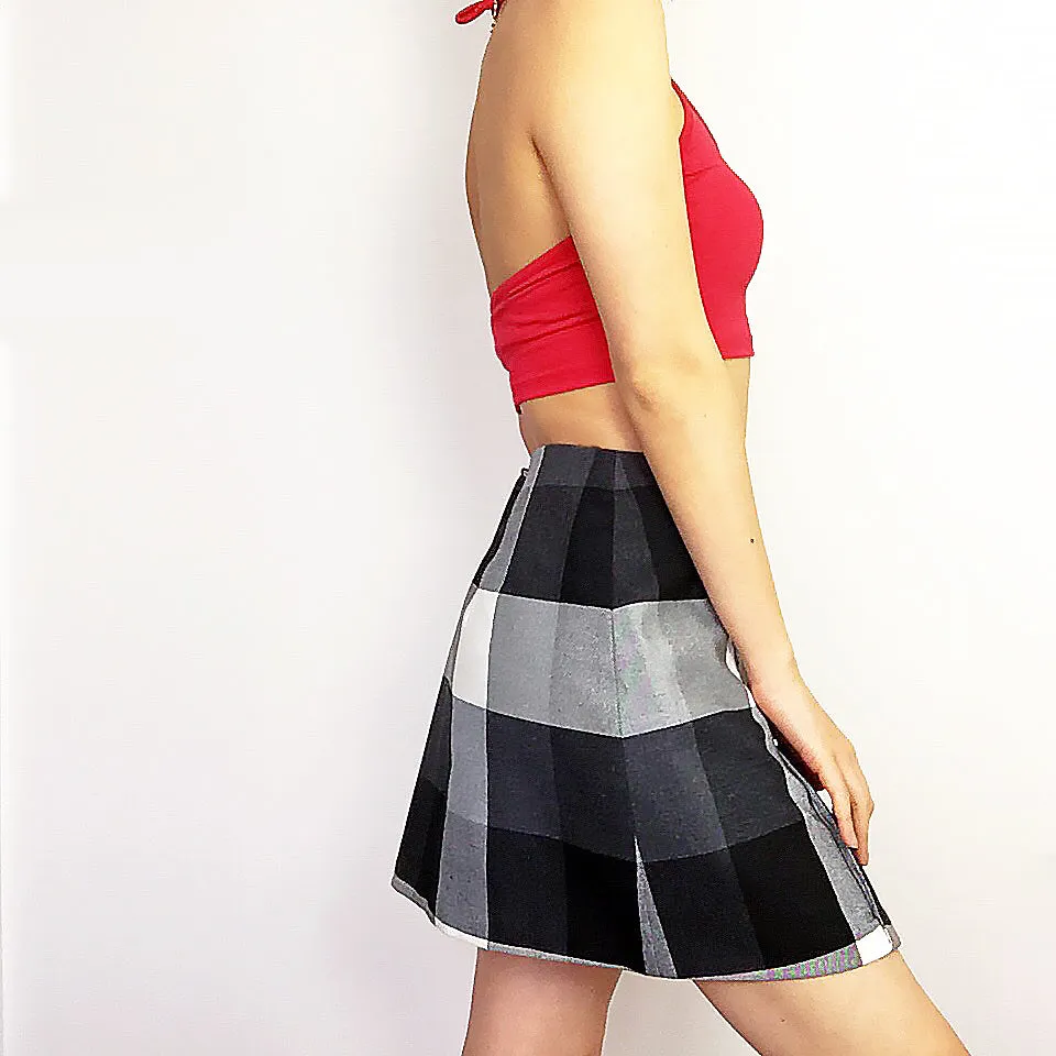 90S Y2K CHECK HIGH WAIST WAISTED SIDE DOUBLE PLEATS PLEATED SKIRT