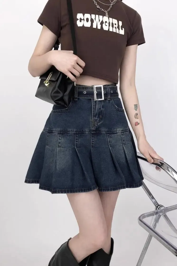 Aiertu Korean Y2K Style Harajuku High Waist High Street Jeans Skirts Summer Women's Sexy Loose Fit Hotsweet Denim Pleated Skirt