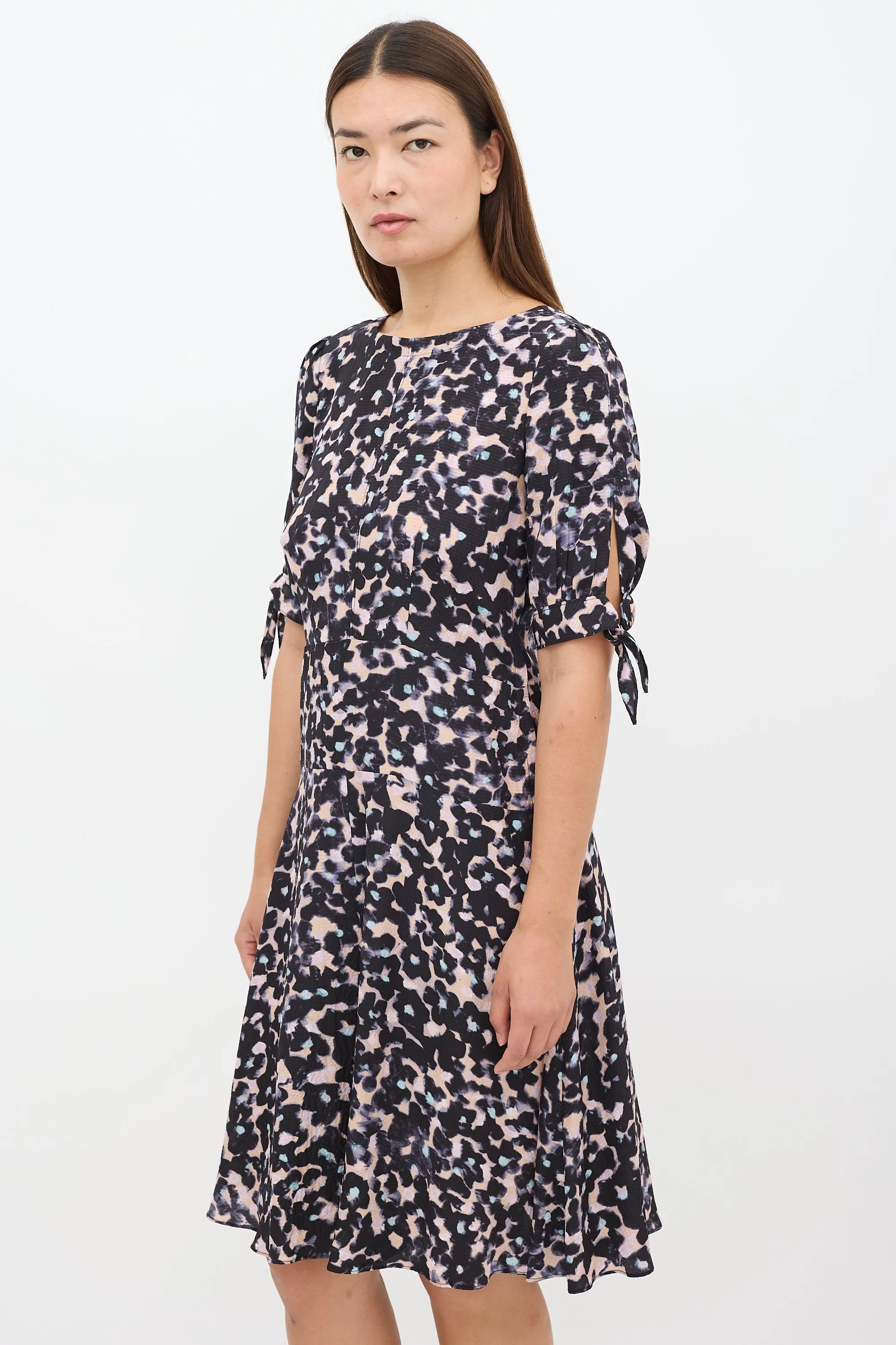 Black & Pink Silk Floral A-Line Dress