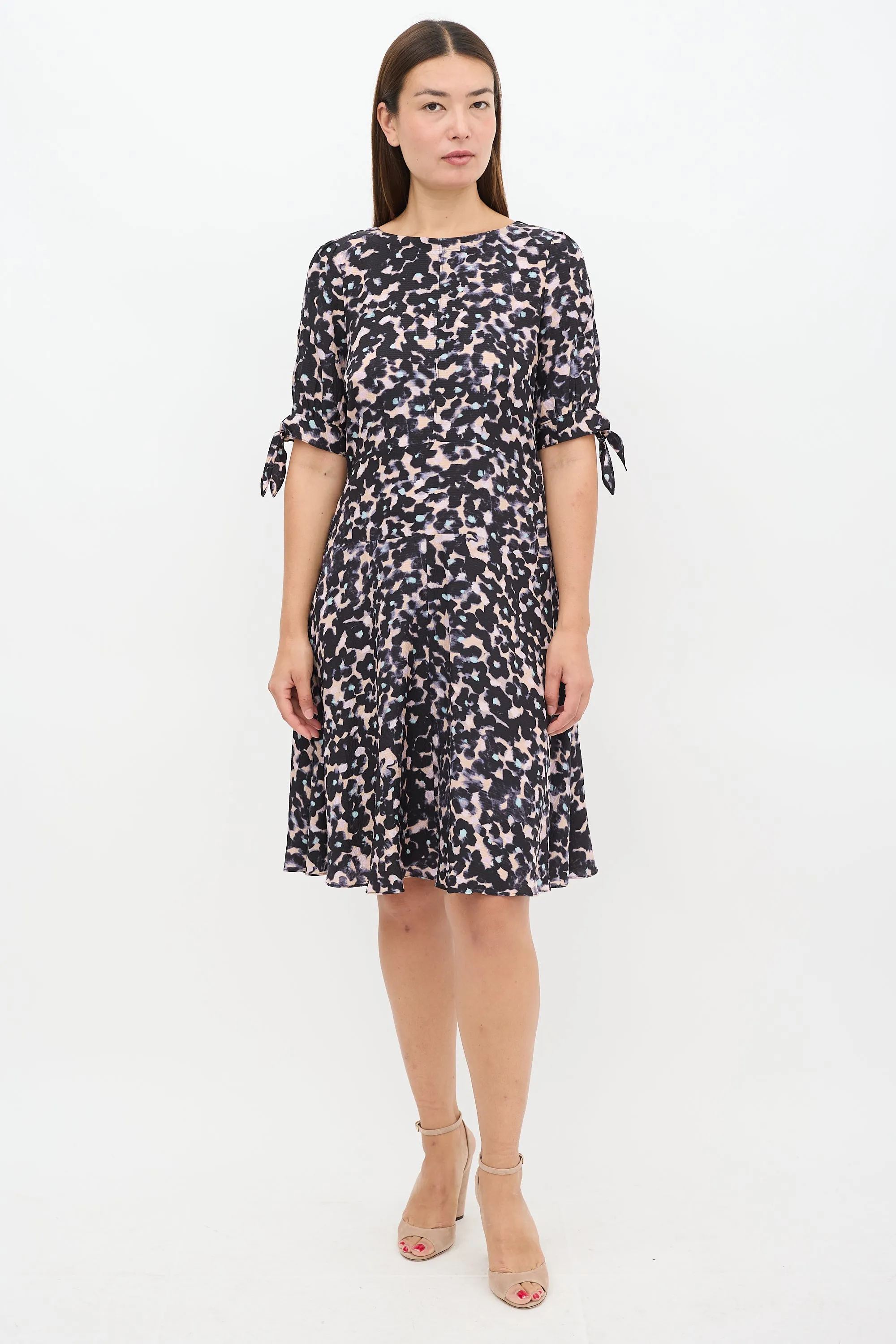 Black & Pink Silk Floral A-Line Dress