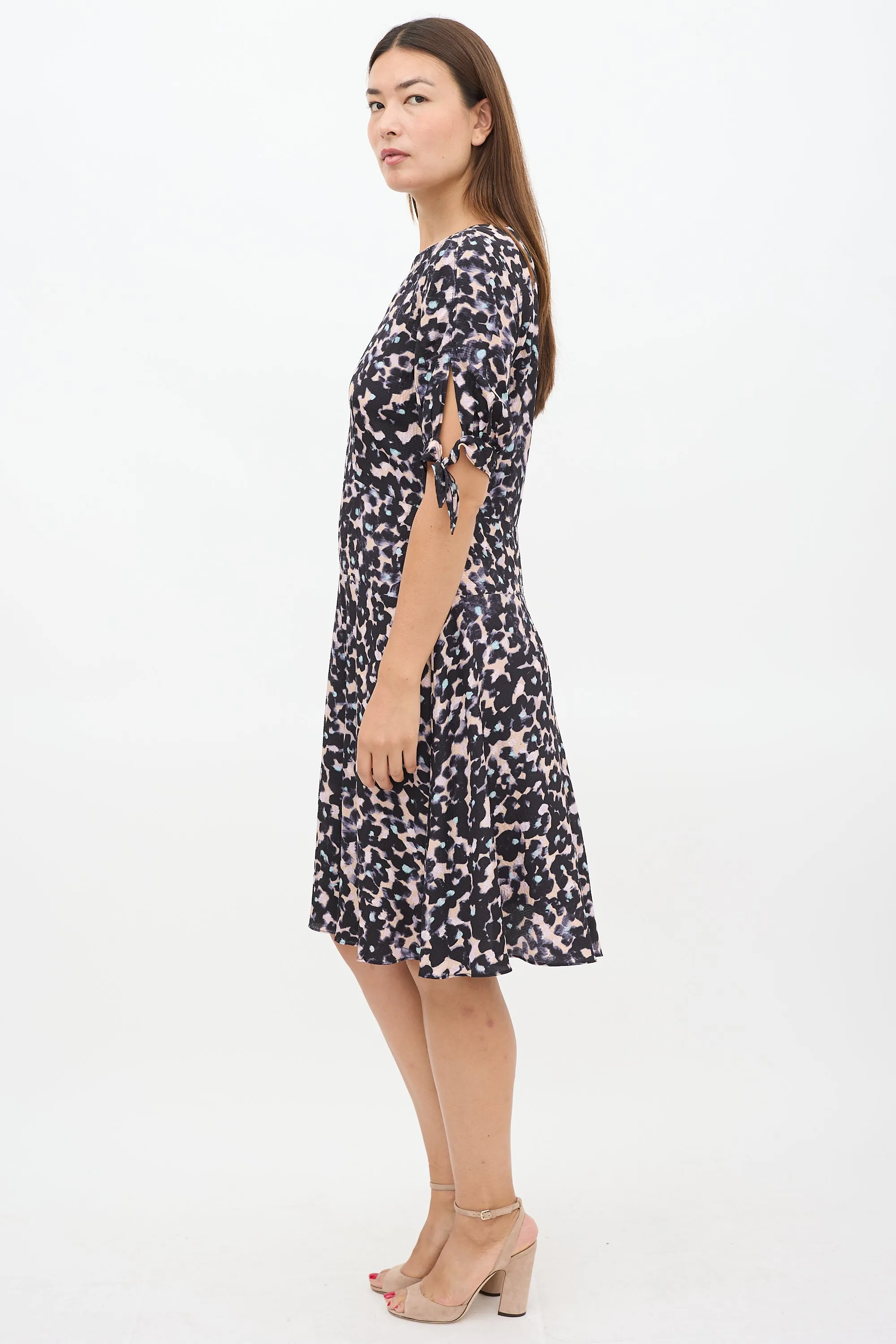 Black & Pink Silk Floral A-Line Dress