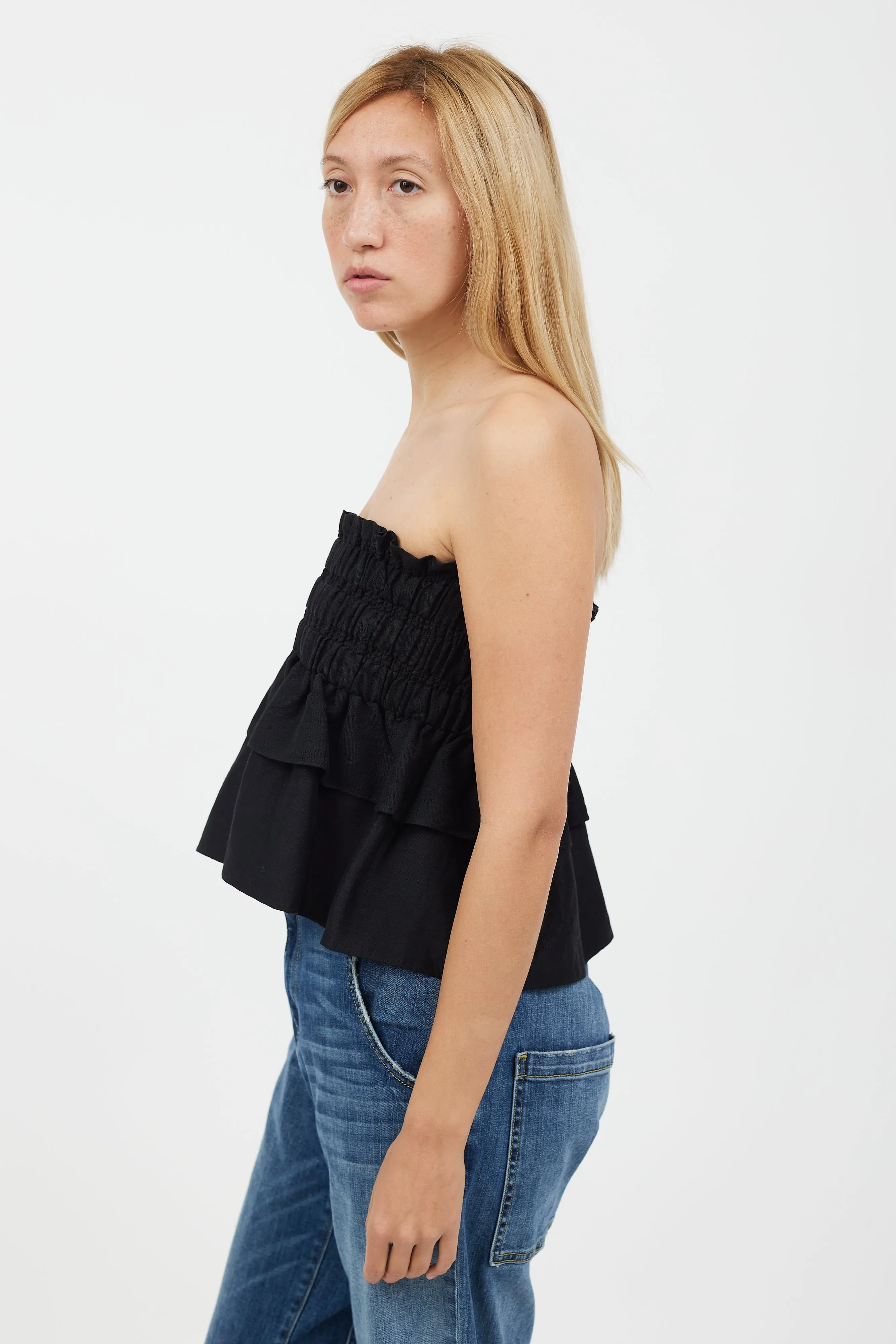 Black Ruched Strapless Linen Top