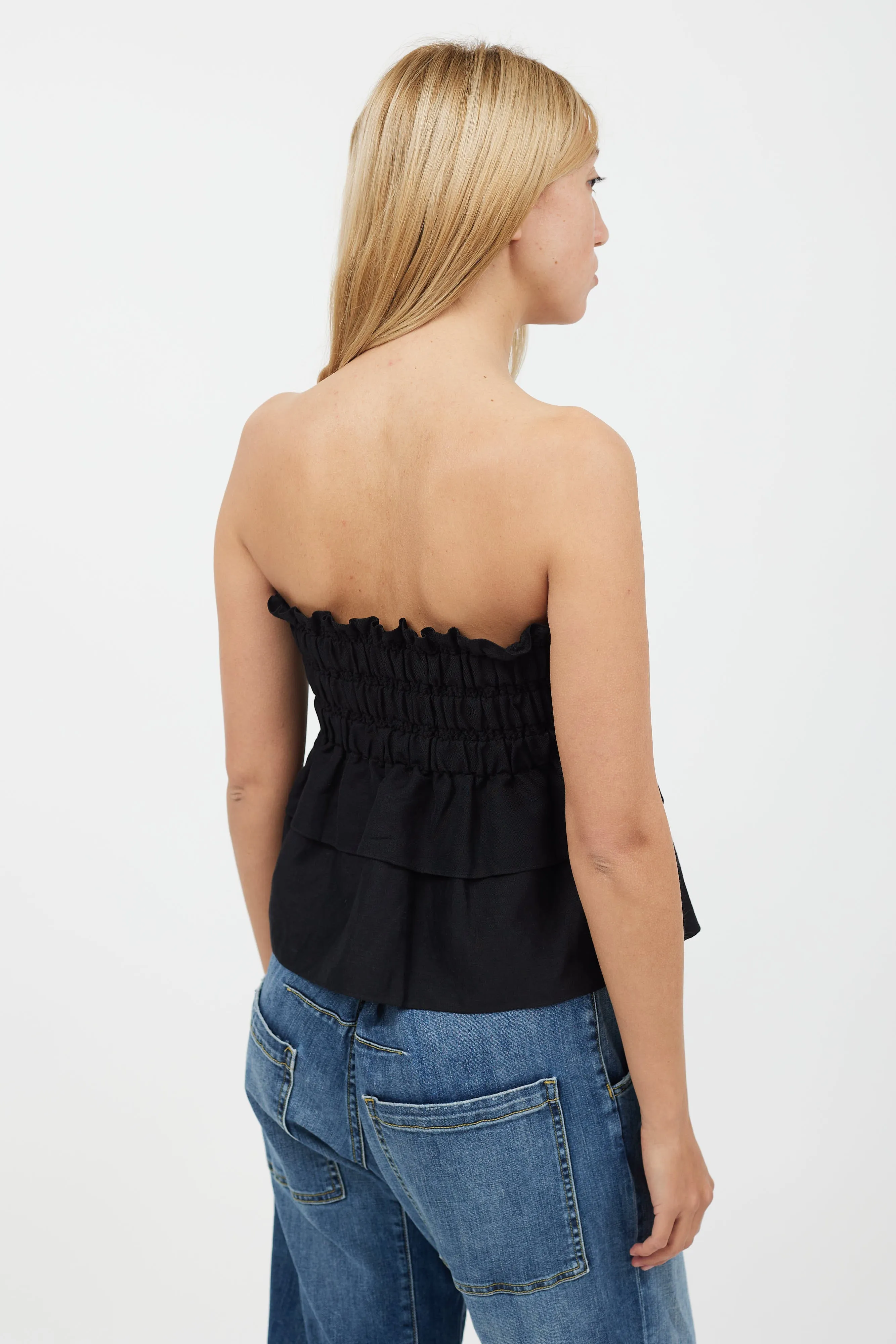 Black Ruched Strapless Linen Top