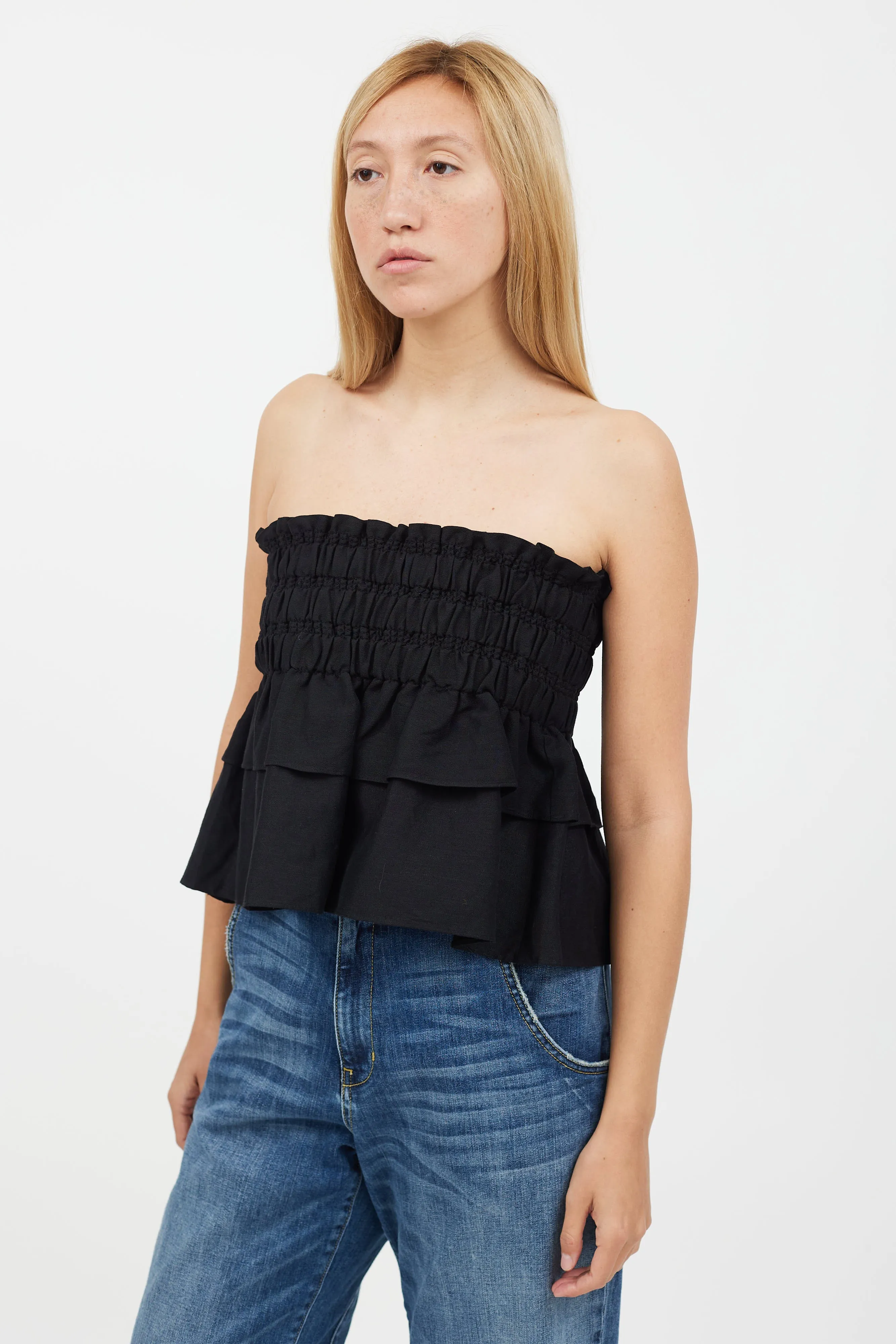 Black Ruched Strapless Linen Top