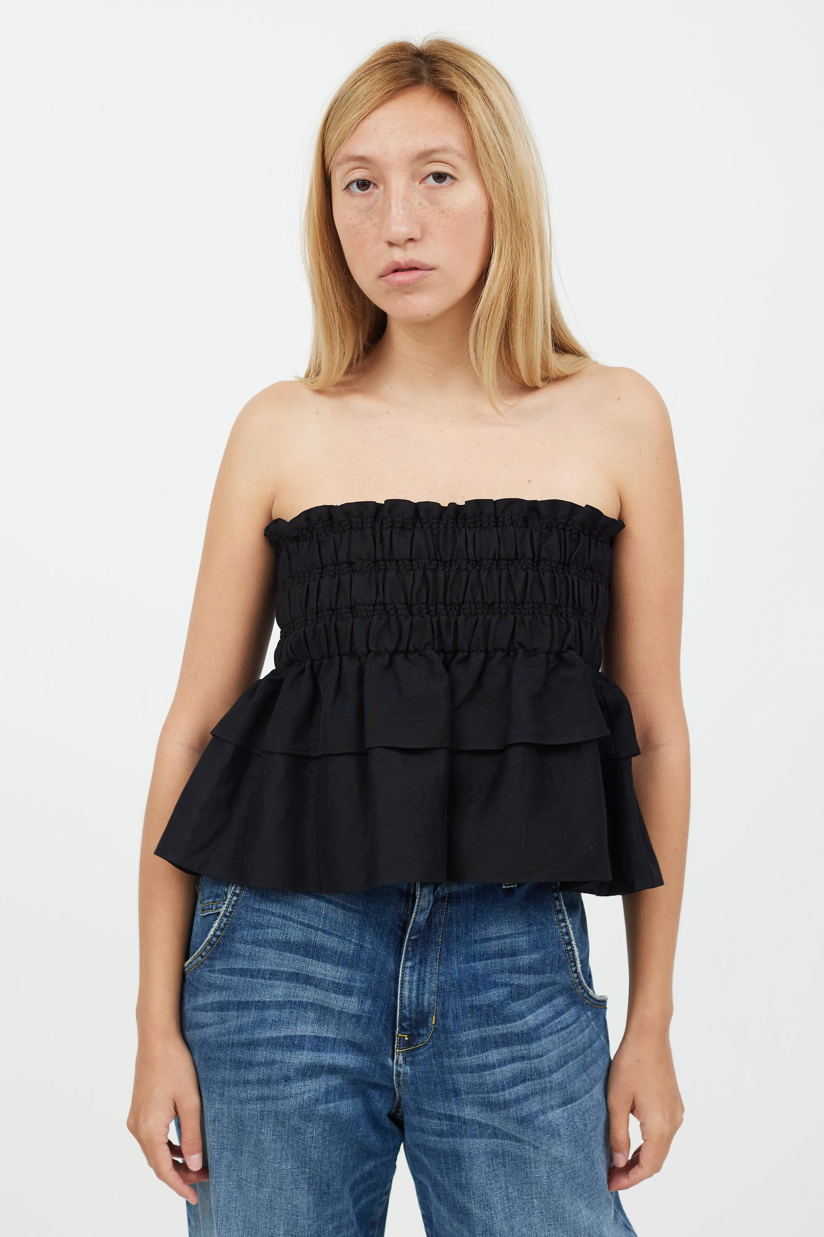 Black Ruched Strapless Linen Top