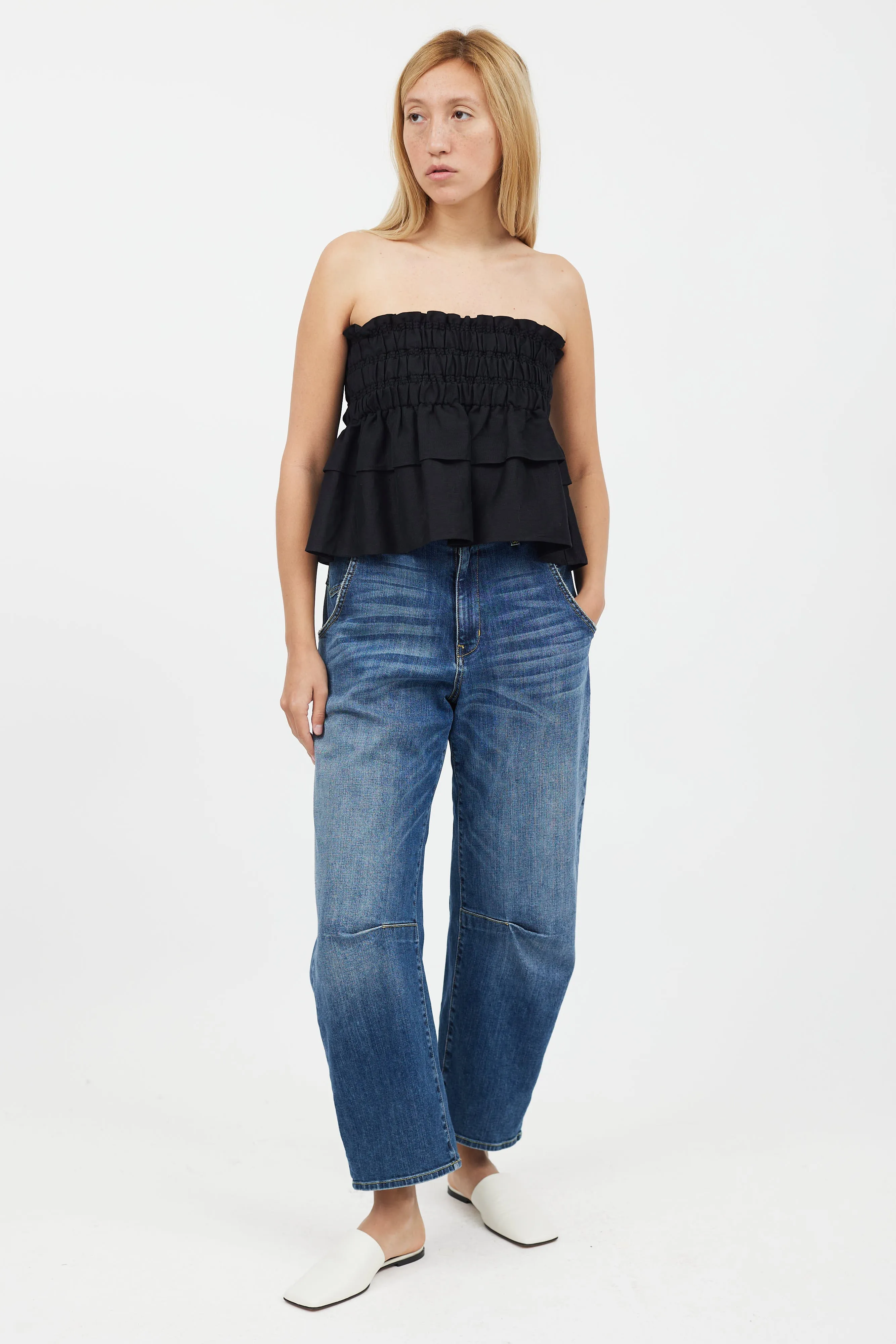 Black Ruched Strapless Linen Top