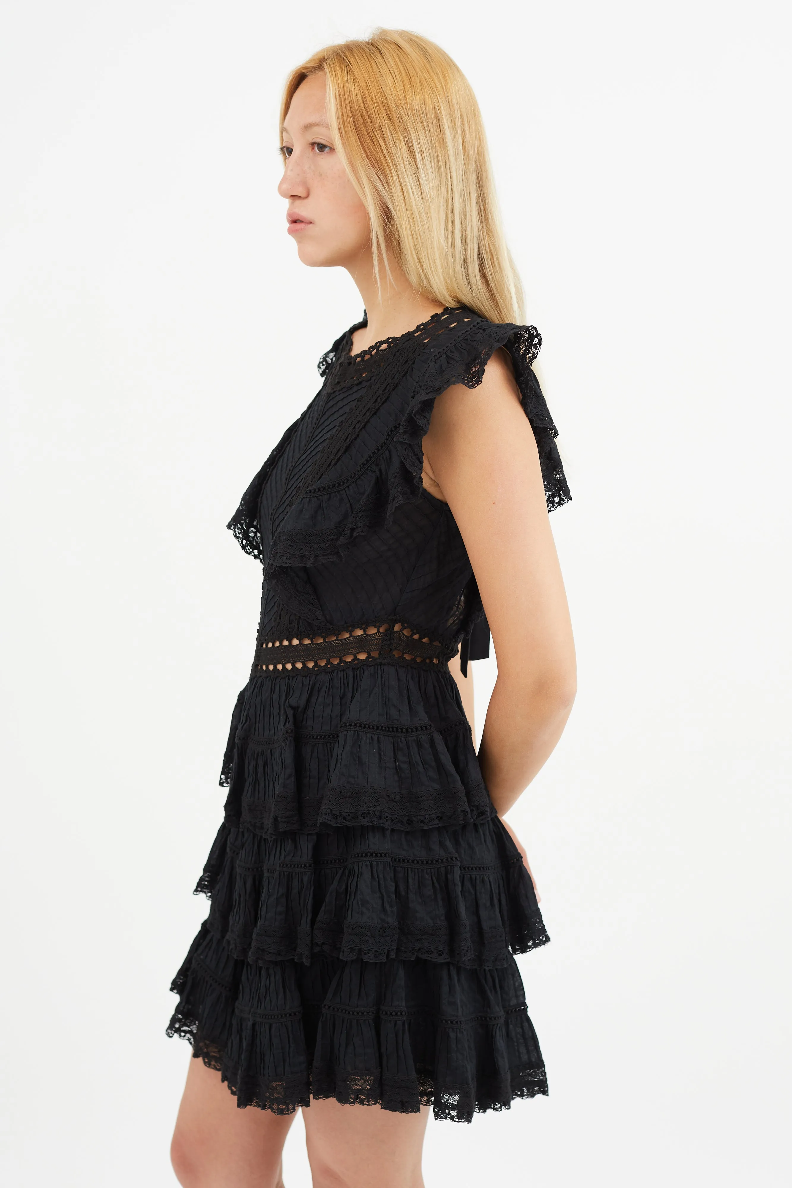 Black Ruffle Lace Mini Dress