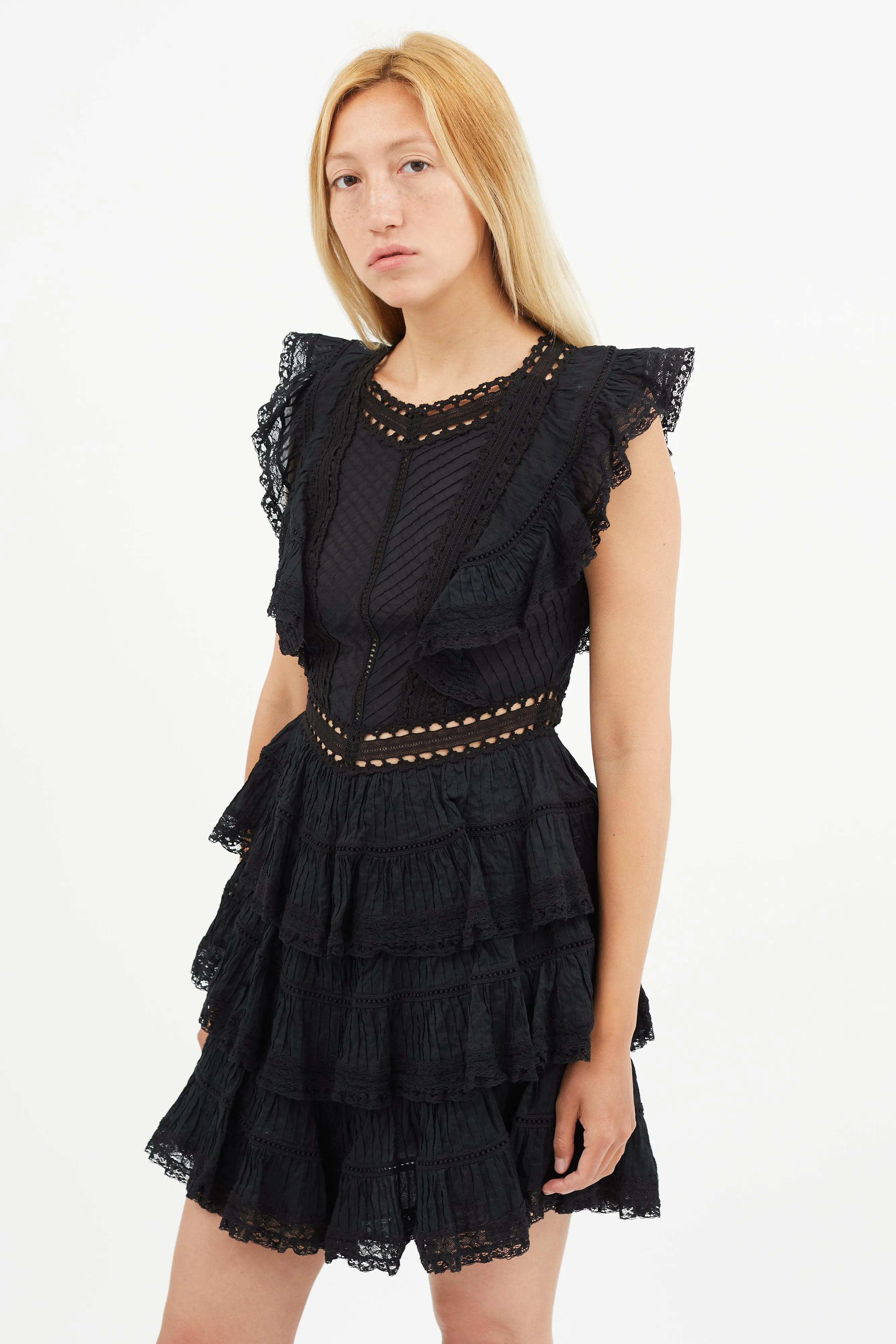 Black Ruffle Lace Mini Dress