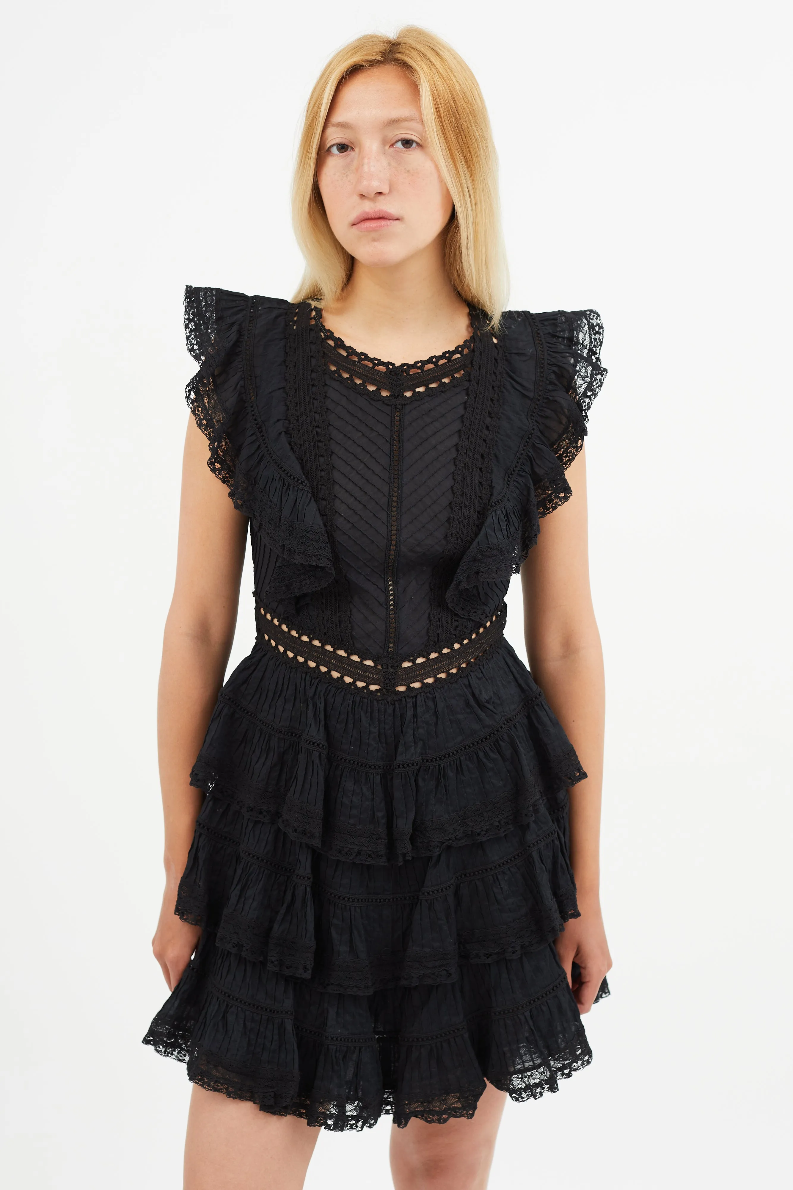 Black Ruffle Lace Mini Dress