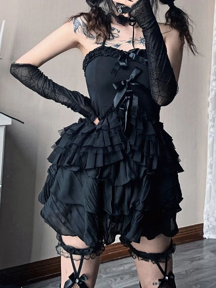 Black Tiered Ruffle Hem Top with Bowknots