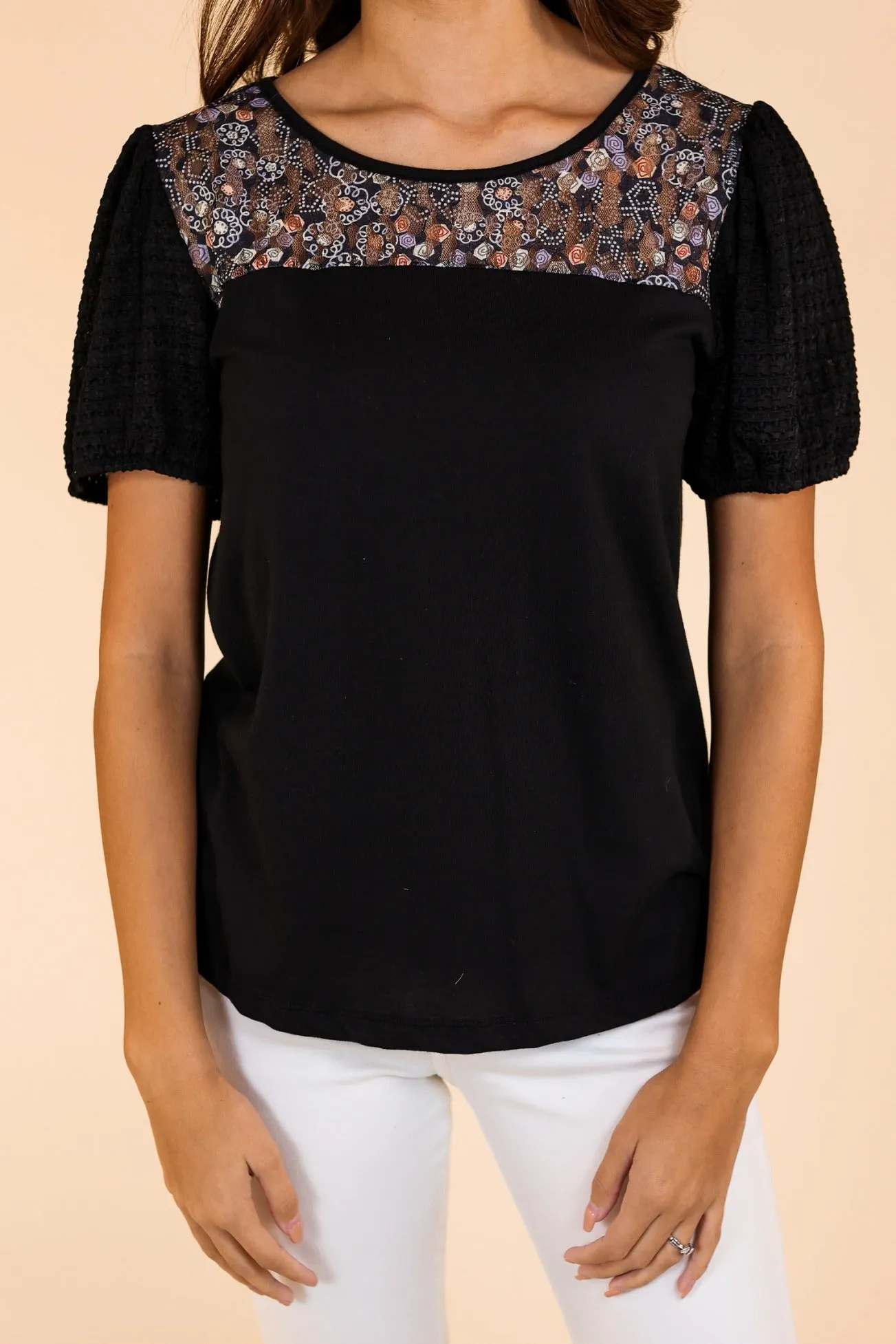 Black Top With Floral Lace and Puff Sleeve