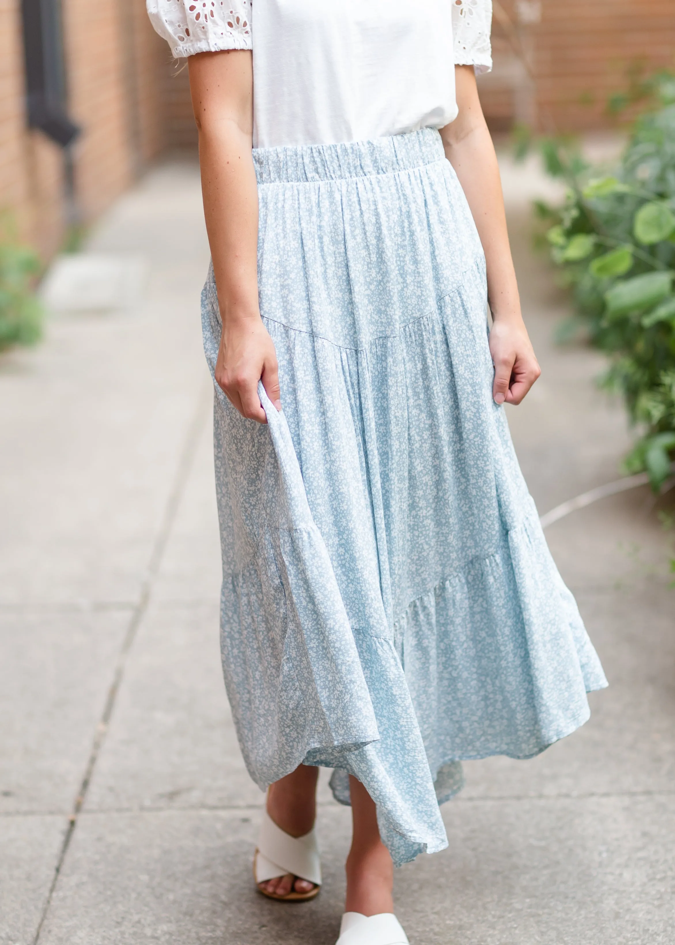 Blue Floral Print Midi Skirt with Ruffle Hem - FINAL SALE