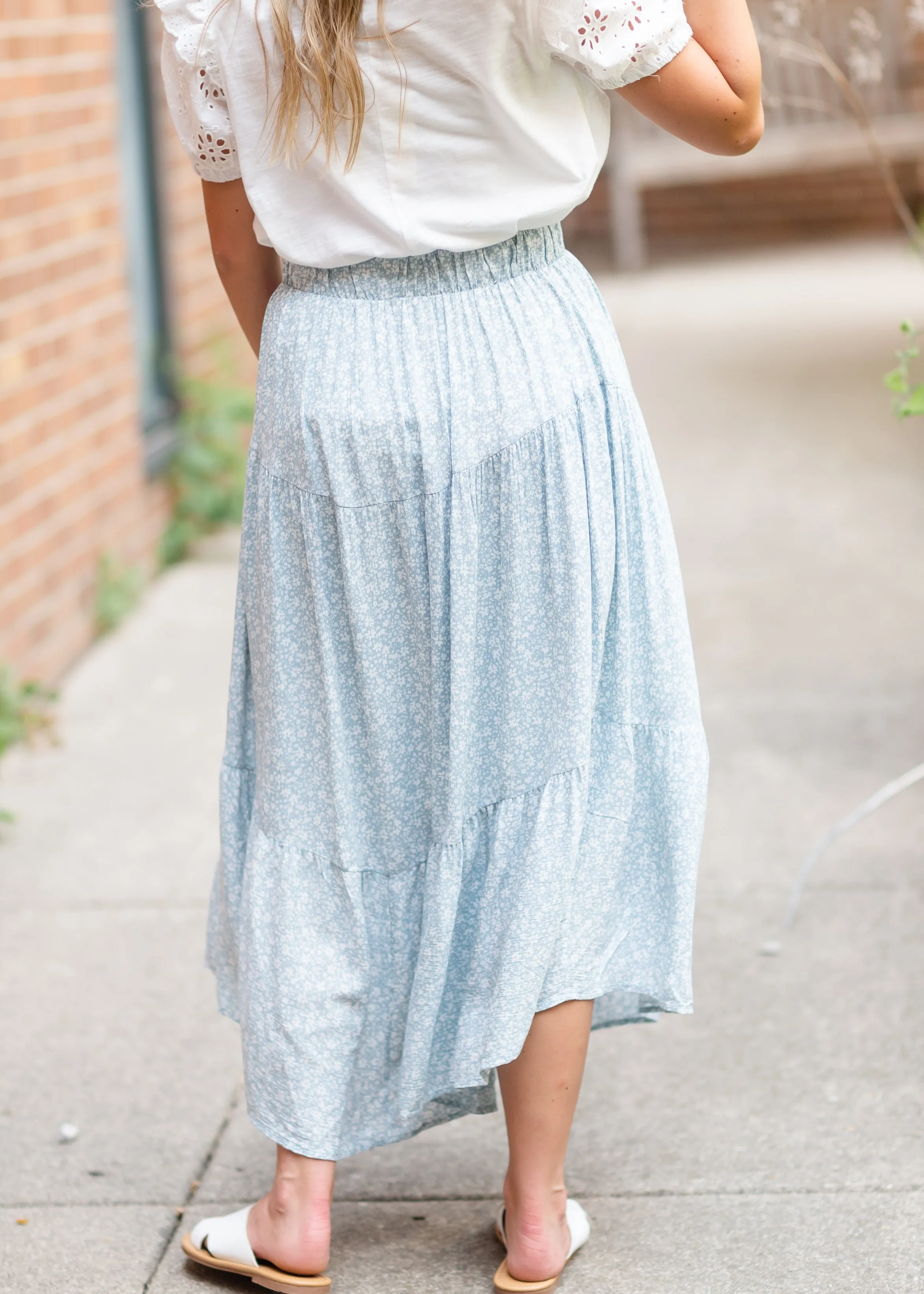 Blue Floral Print Midi Skirt with Ruffle Hem - FINAL SALE