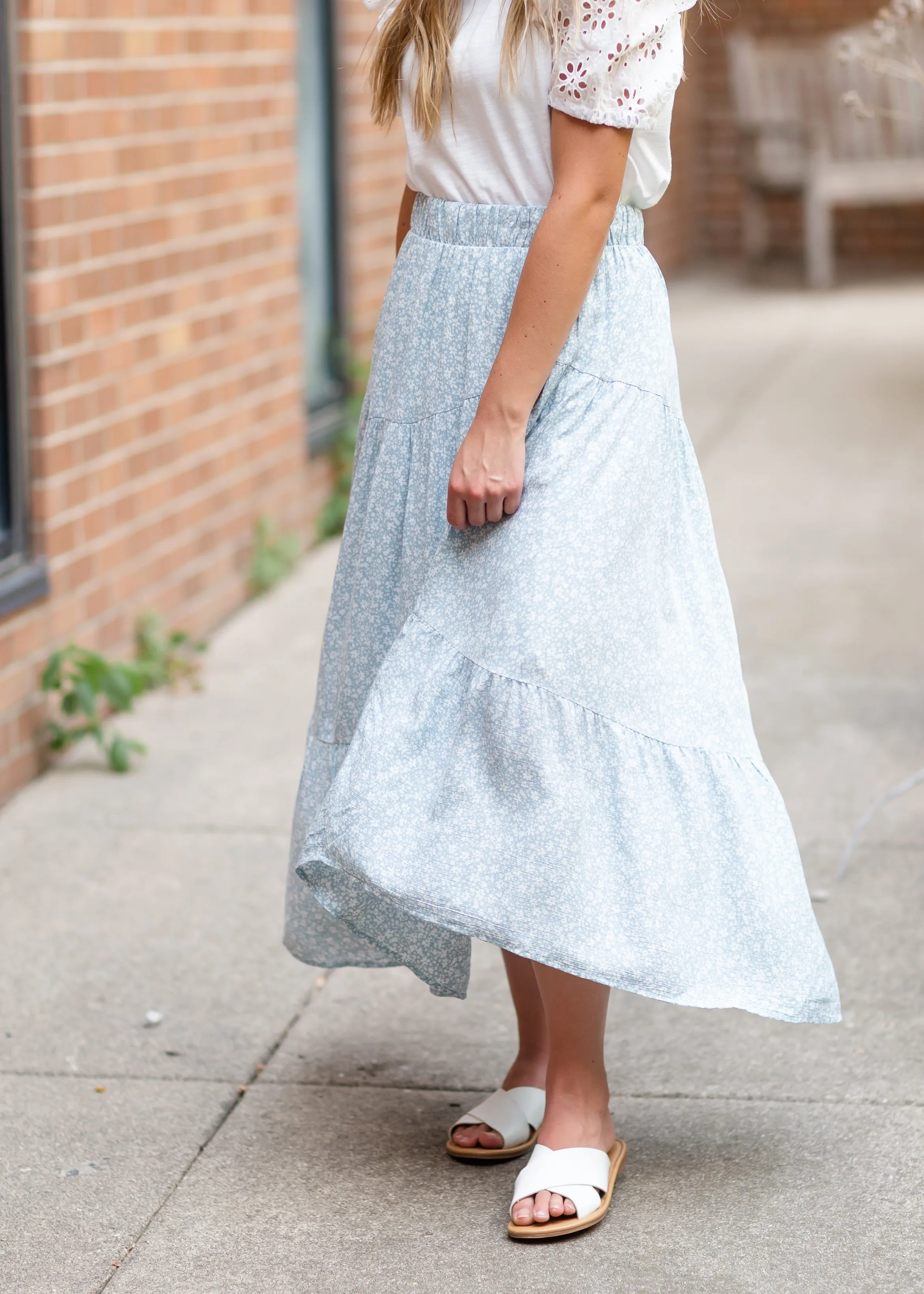 Blue Floral Print Midi Skirt with Ruffle Hem - FINAL SALE