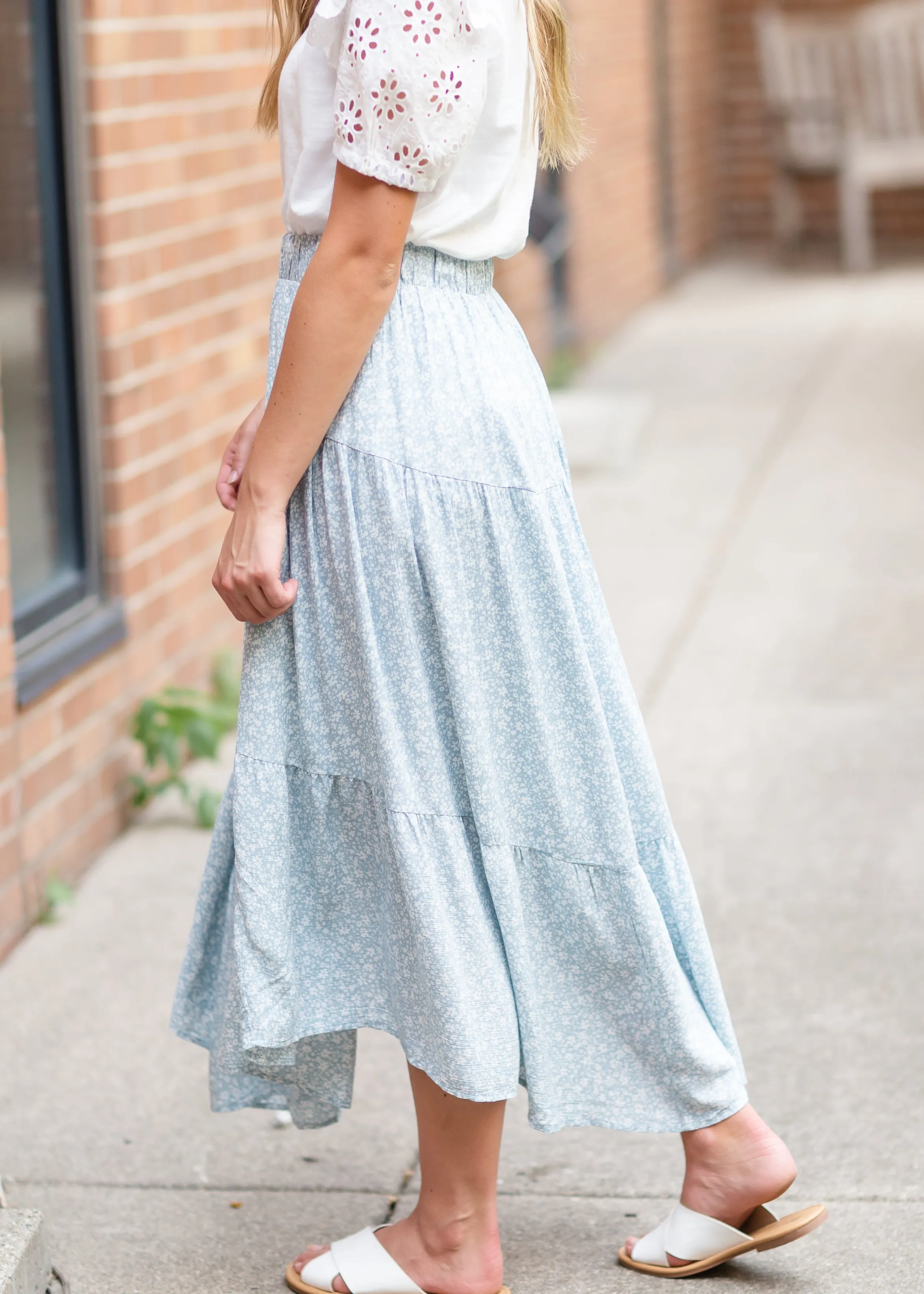 Blue Floral Print Midi Skirt with Ruffle Hem - FINAL SALE