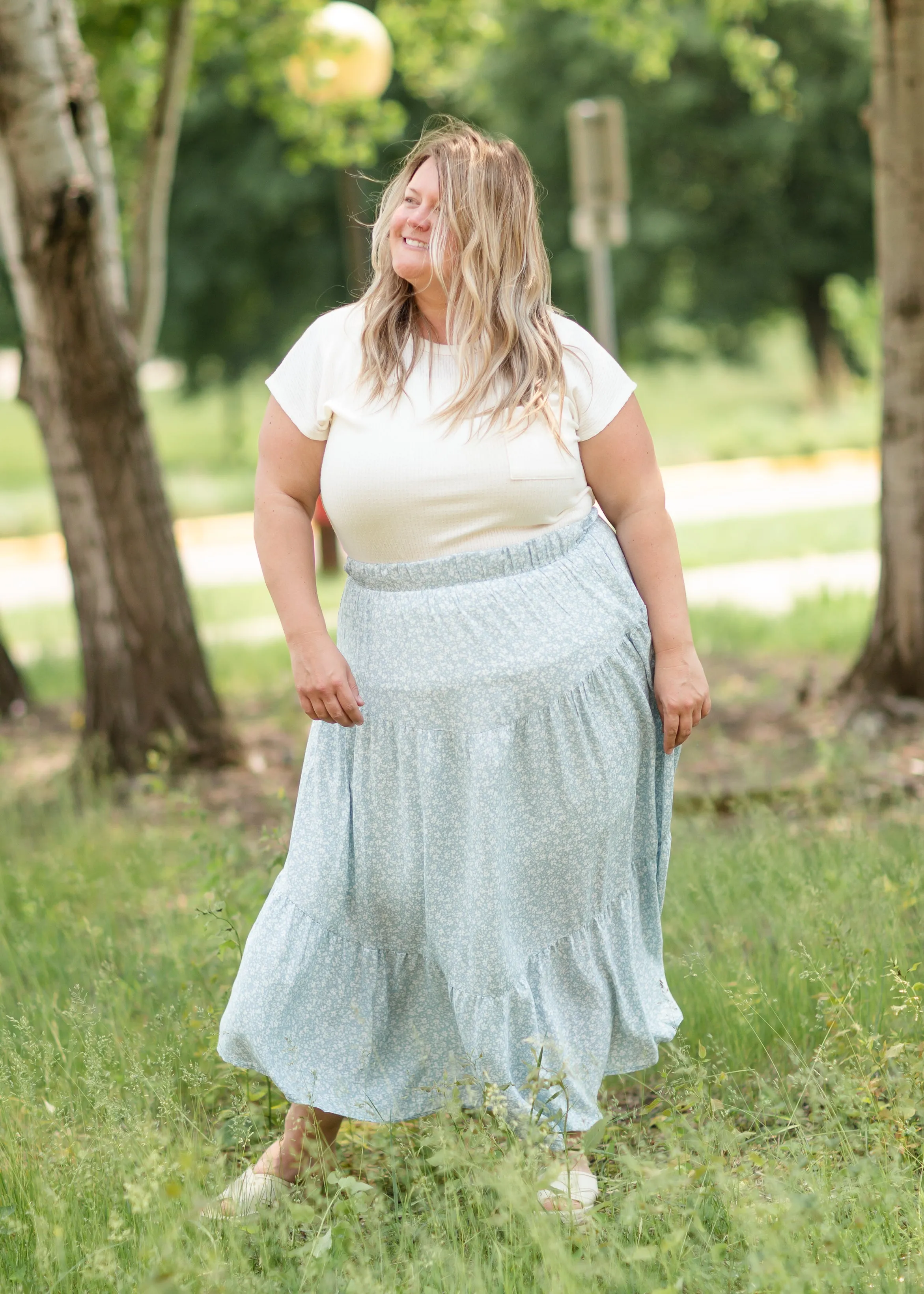 Blue Floral Print Midi Skirt with Ruffle Hem - FINAL SALE