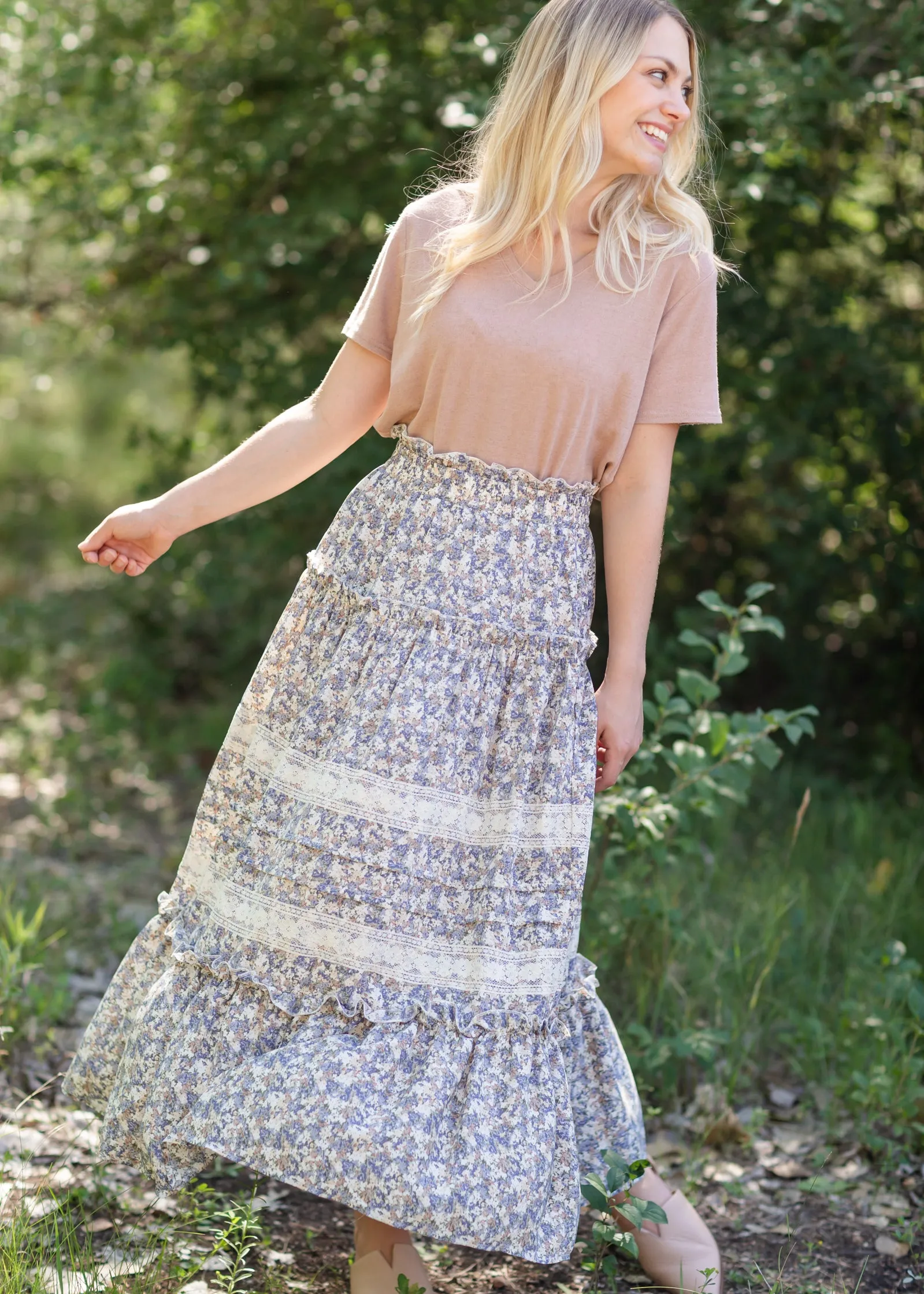 Blue Tiered Ruffle Midi Skirt-FINAL SALE