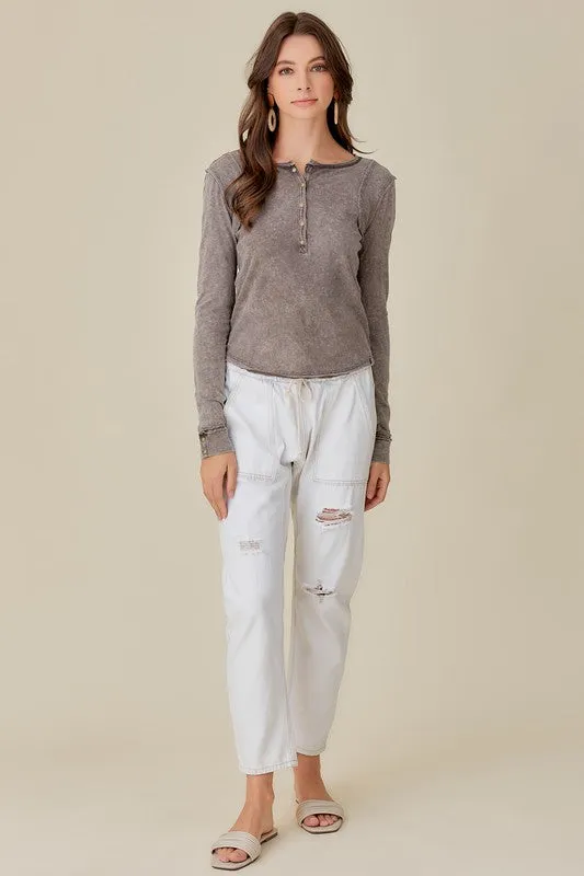 Button-Up Front Raw Edge Detail Top