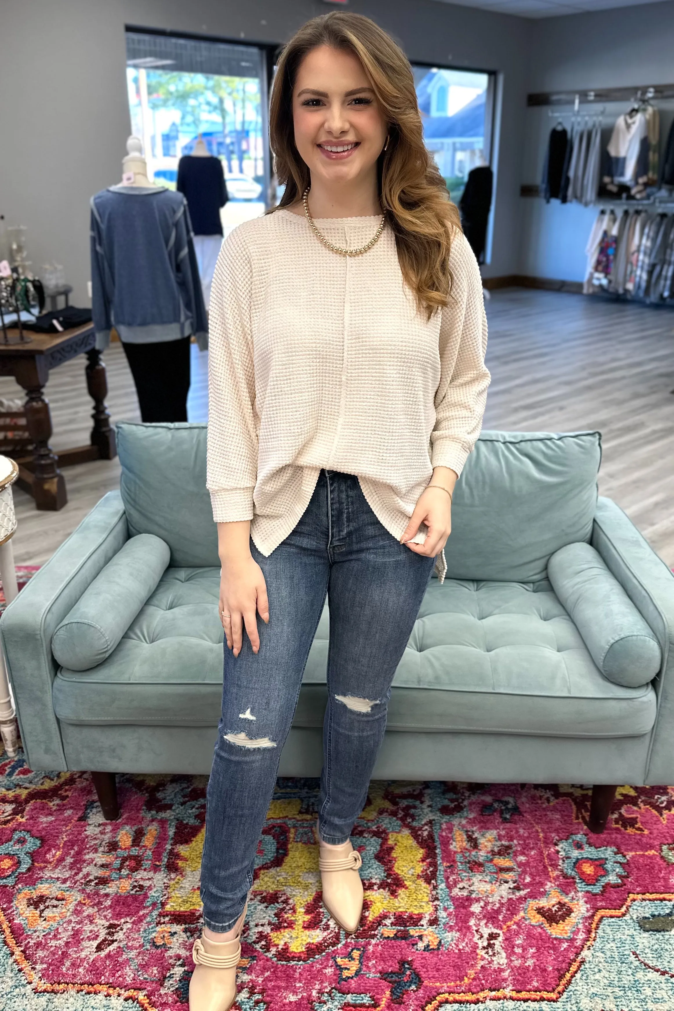 CALI Ivory Waffle Knit Oversized Top