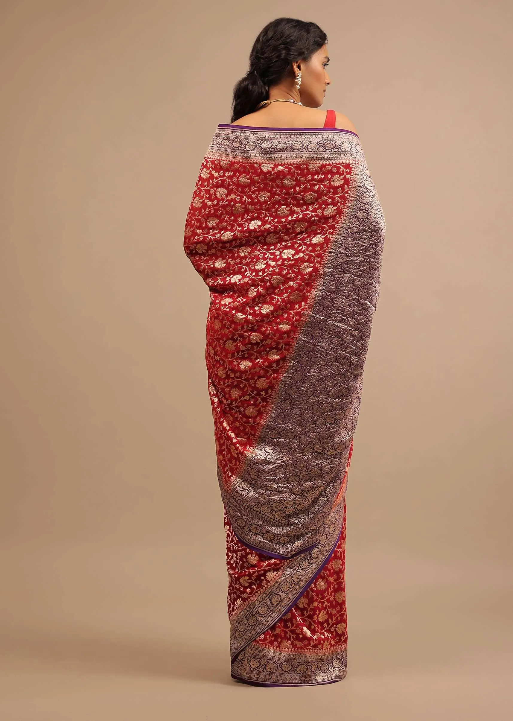 Carmine Red Saree In Georgette With Wine Border And Woven Floral Jaal Work