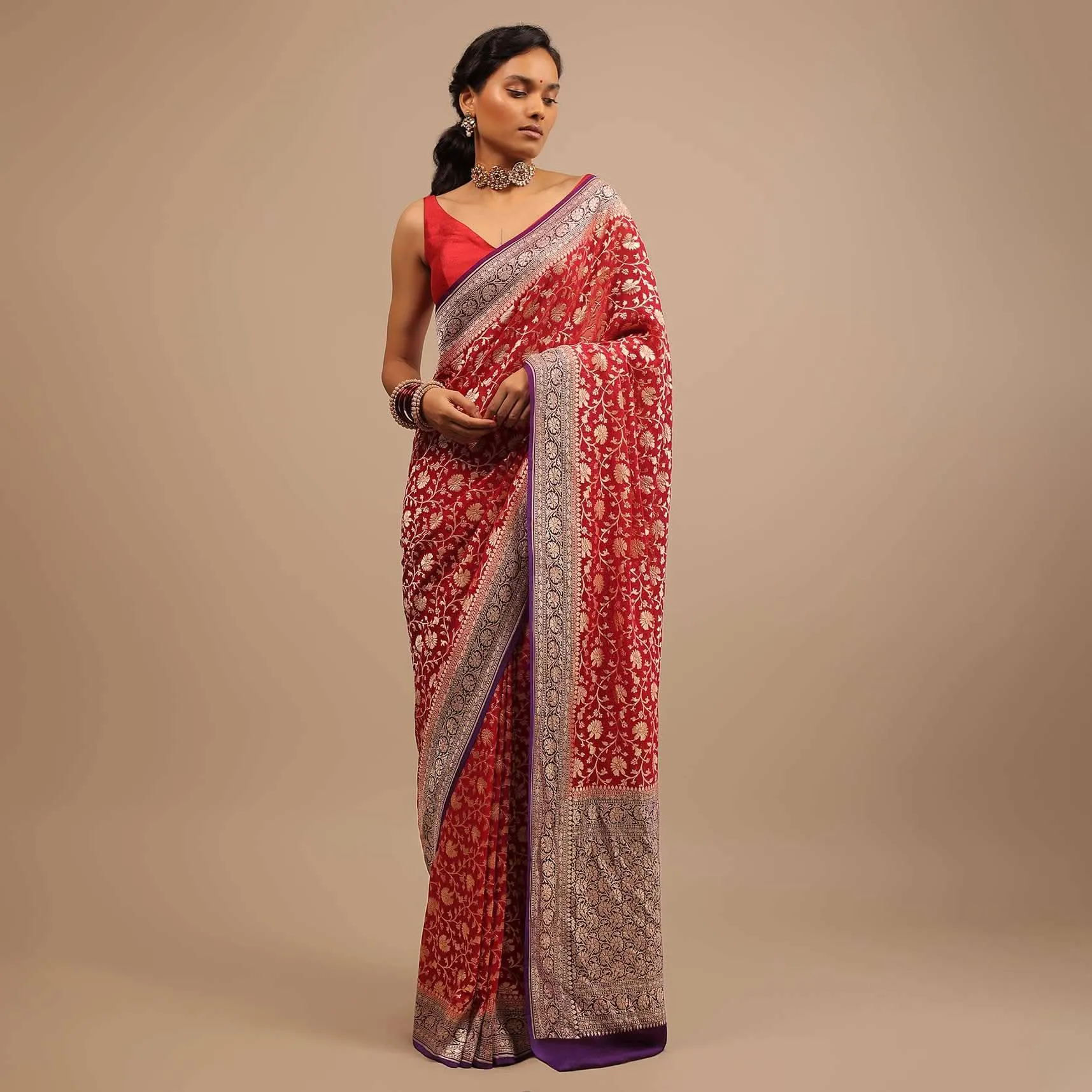 Carmine Red Saree In Georgette With Wine Border And Woven Floral Jaal Work