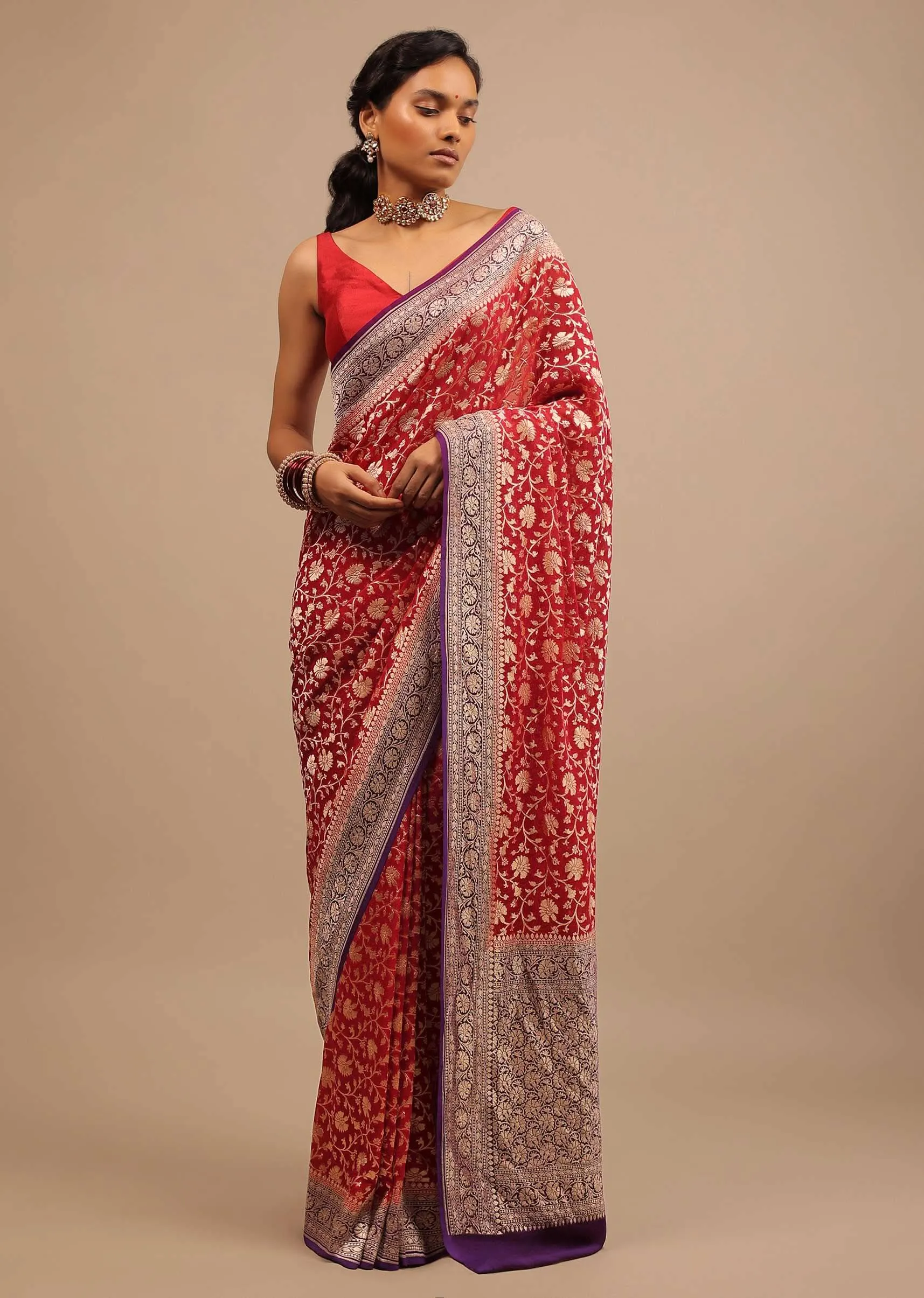 Carmine Red Saree In Georgette With Wine Border And Woven Floral Jaal Work