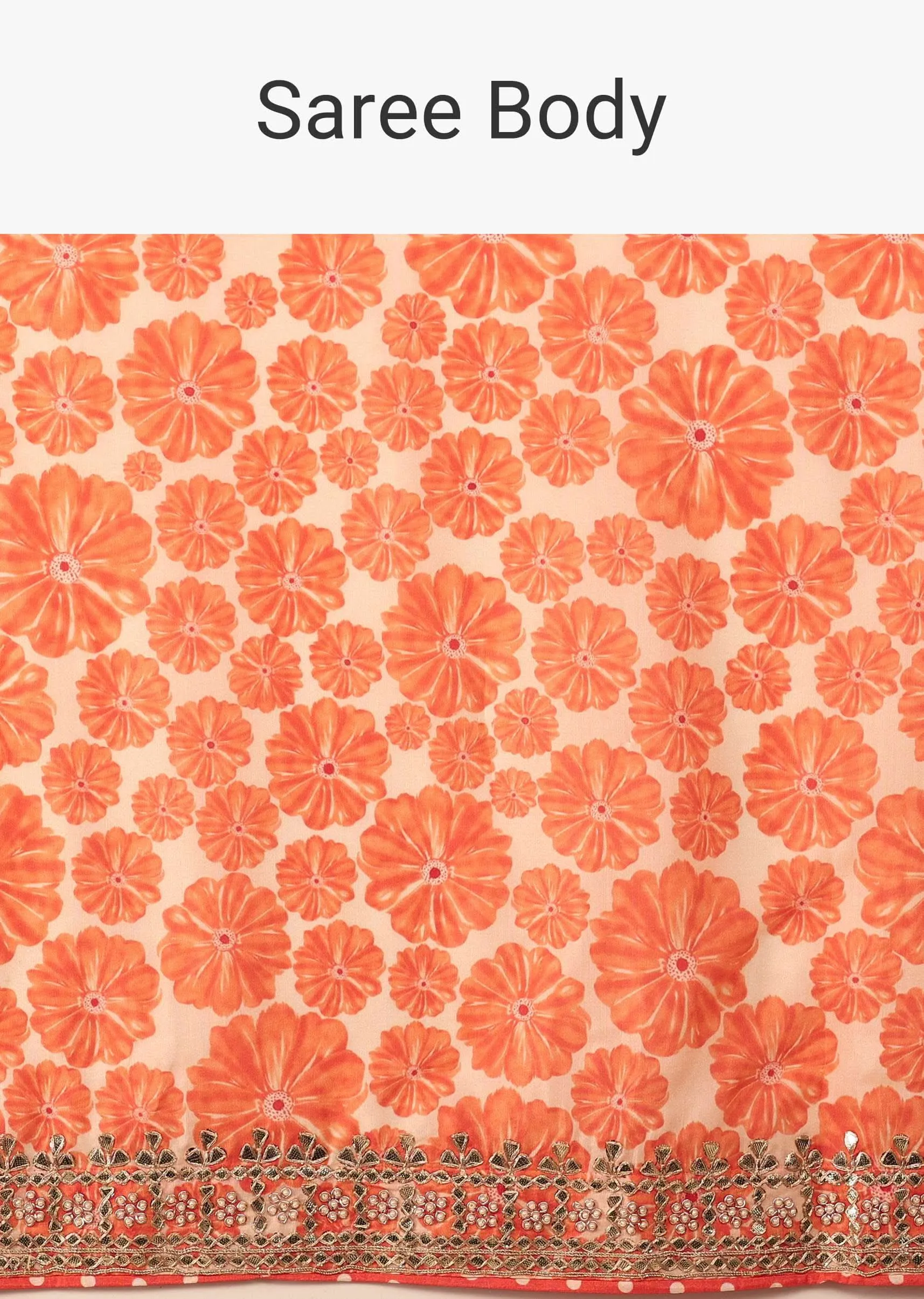 Carrot Orange Saree In Muslin With Floral Handblock Print And Embroidery