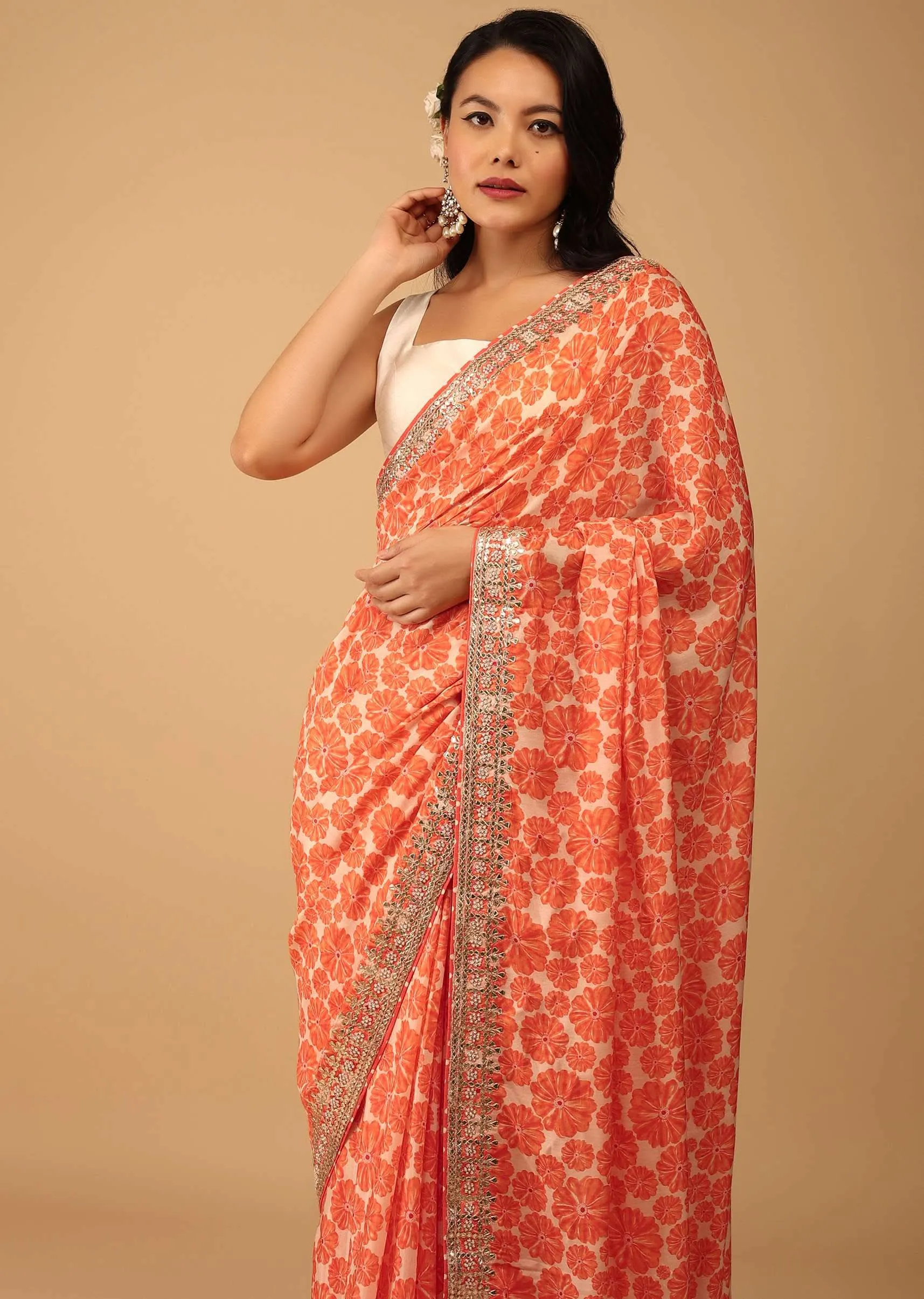 Carrot Orange Saree In Muslin With Floral Handblock Print And Embroidery