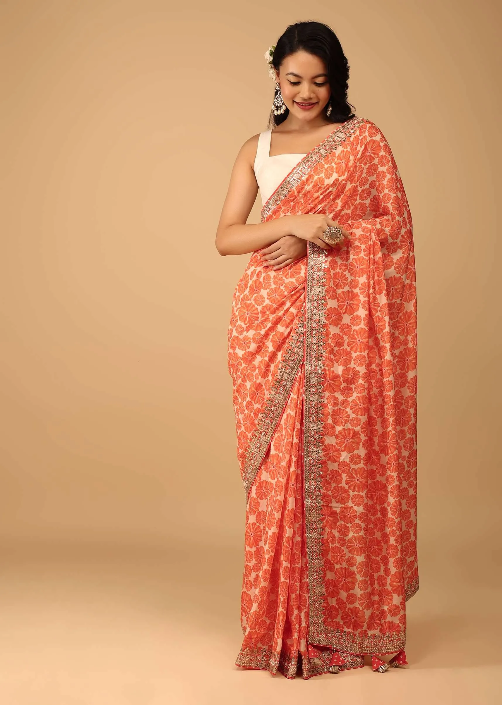 Carrot Orange Saree In Muslin With Floral Handblock Print And Embroidery