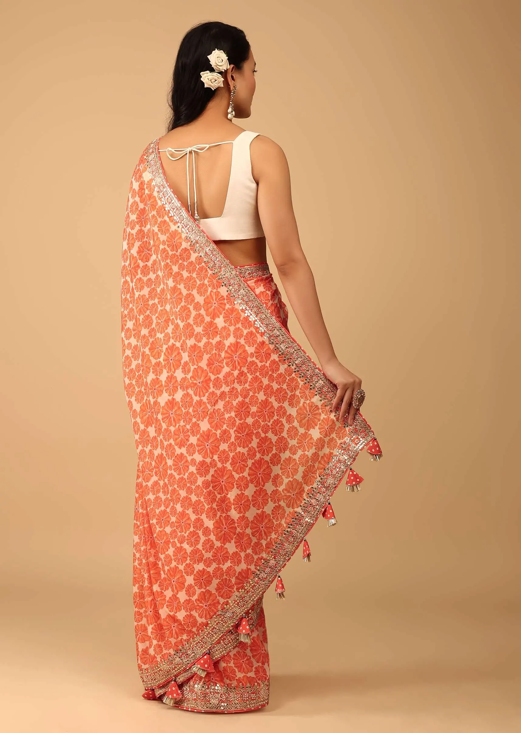 Carrot Orange Saree In Muslin With Floral Handblock Print And Embroidery