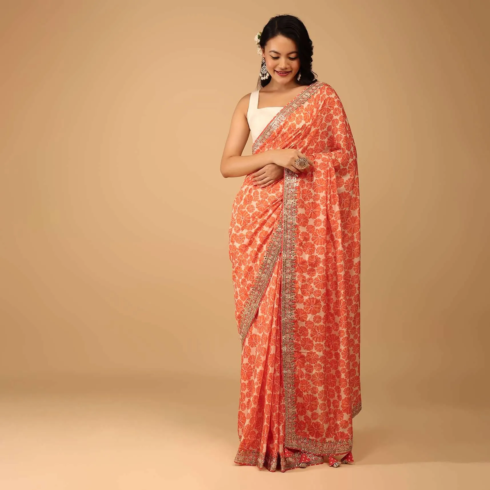 Carrot Orange Saree In Muslin With Floral Handblock Print And Embroidery