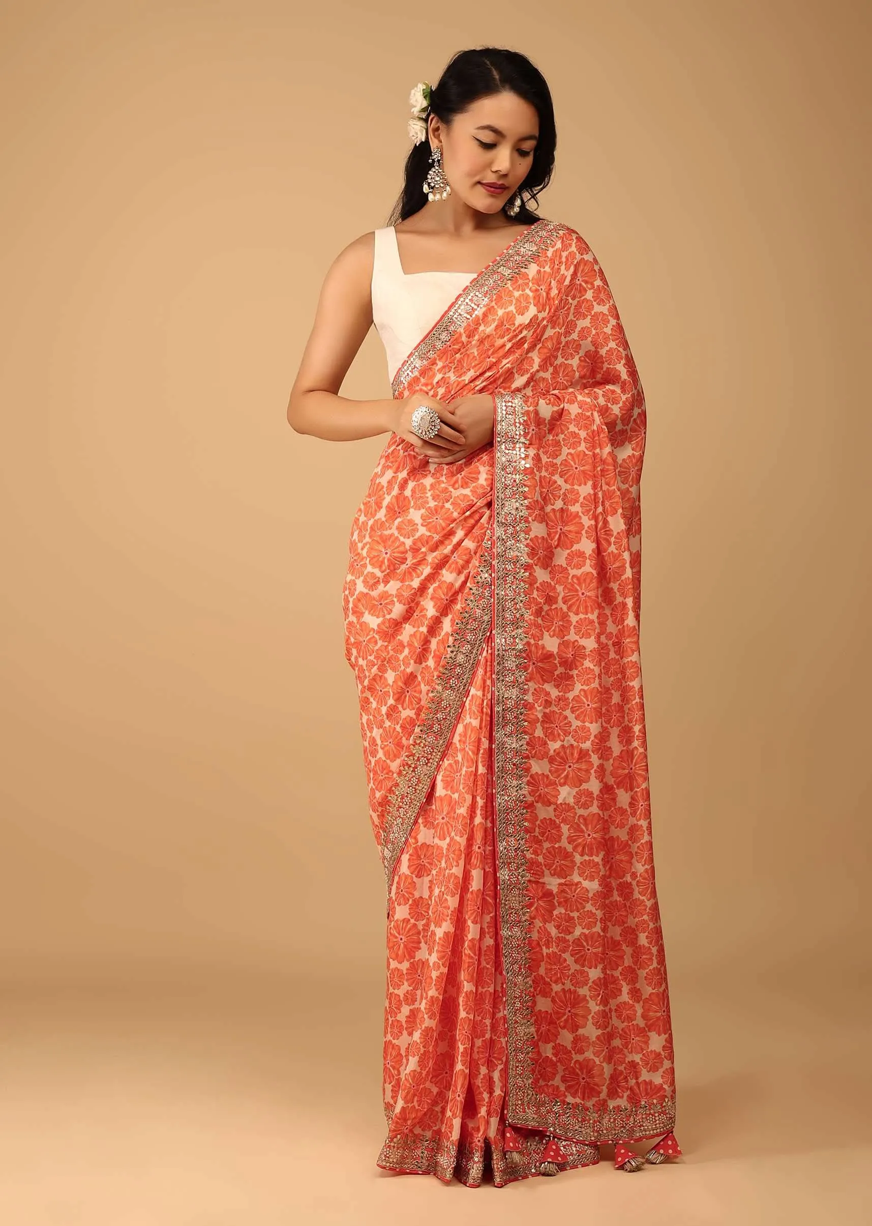 Carrot Orange Saree In Muslin With Floral Handblock Print And Embroidery