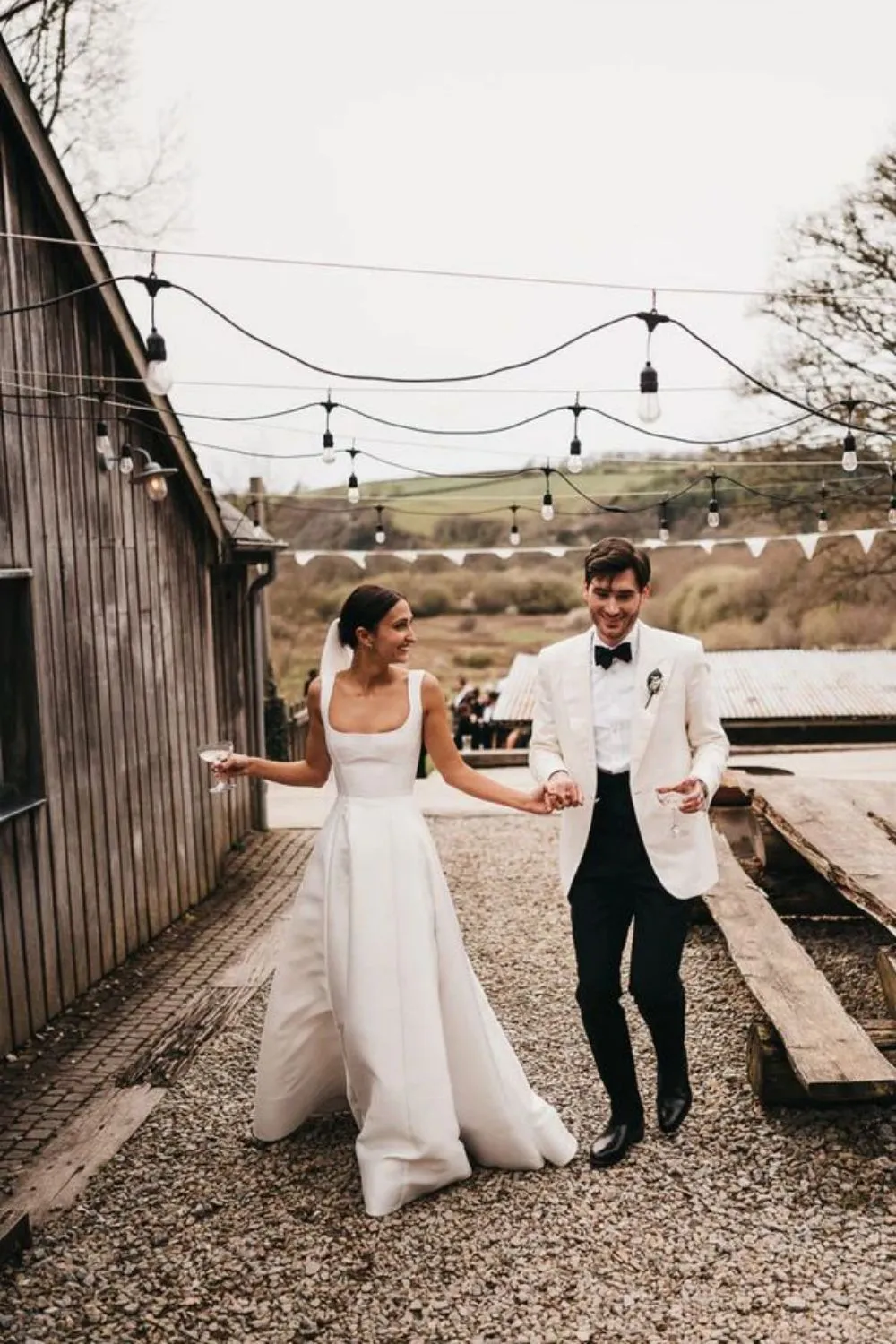 Charming A Line Square Neck White Long Wedding Dress with Button UP