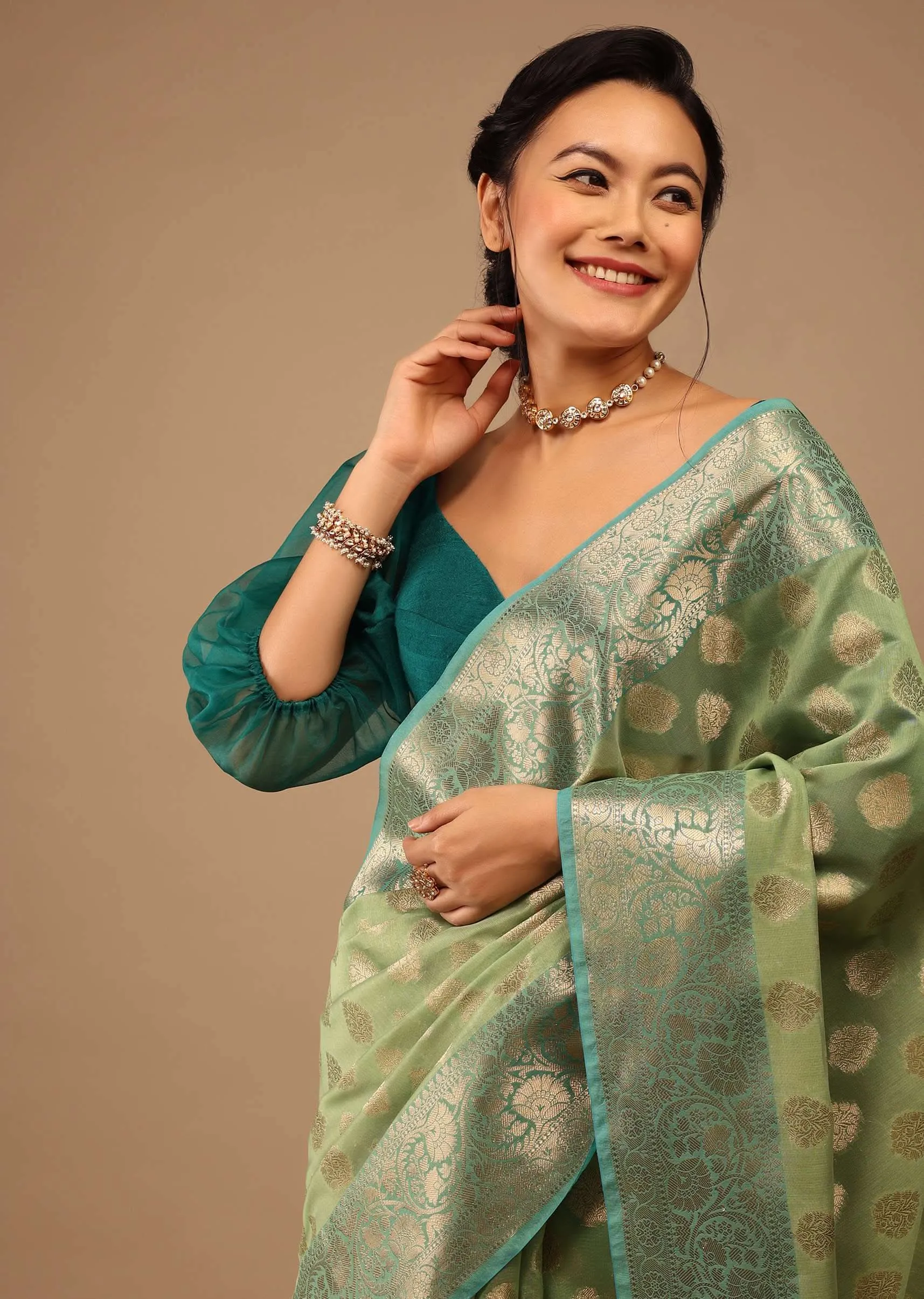 Citrus Green Saree In Banarsi Chanderi And Pure Handloom Cotton